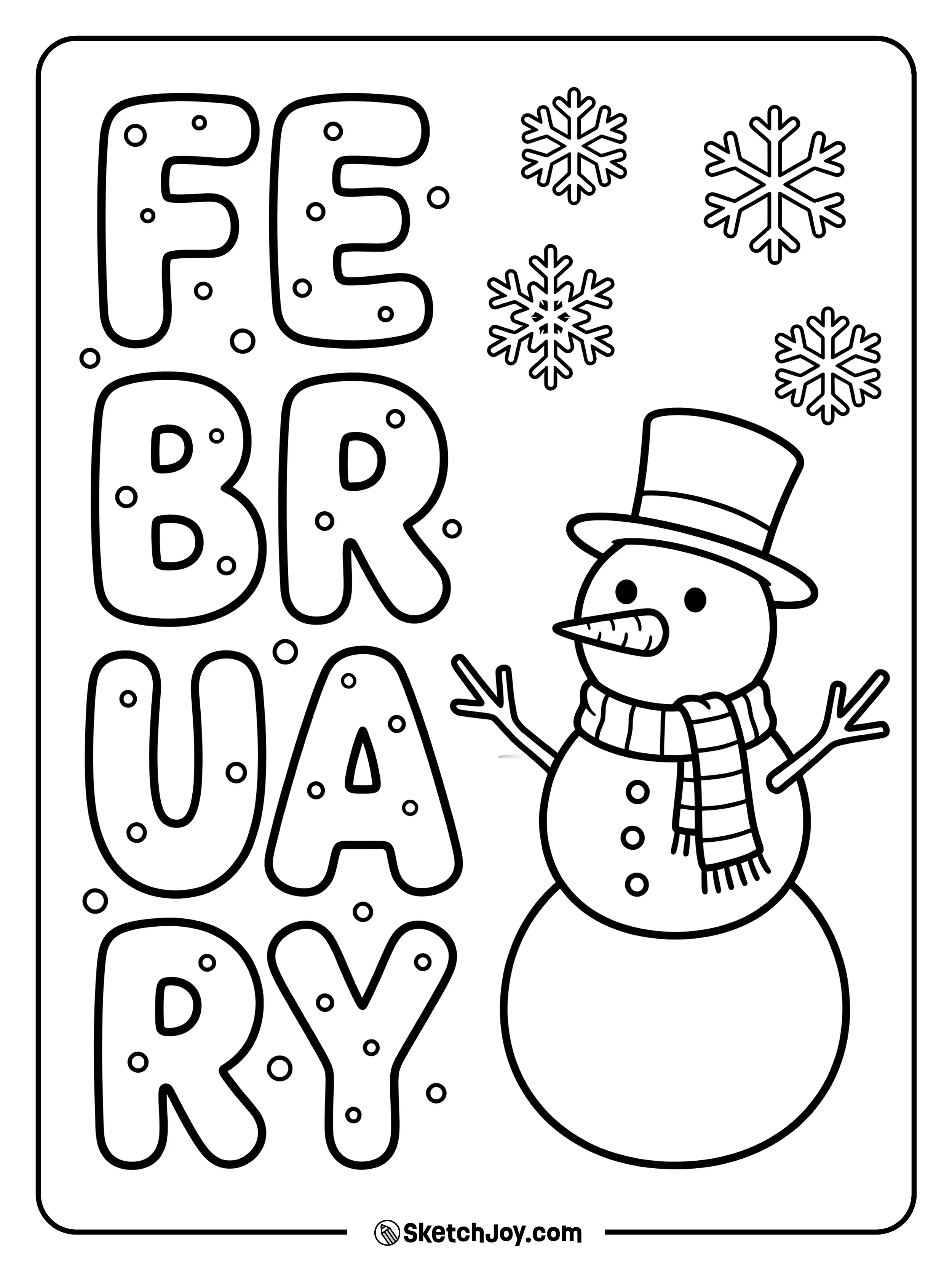 A snowman stands beside stacked FEBRUARY letters.