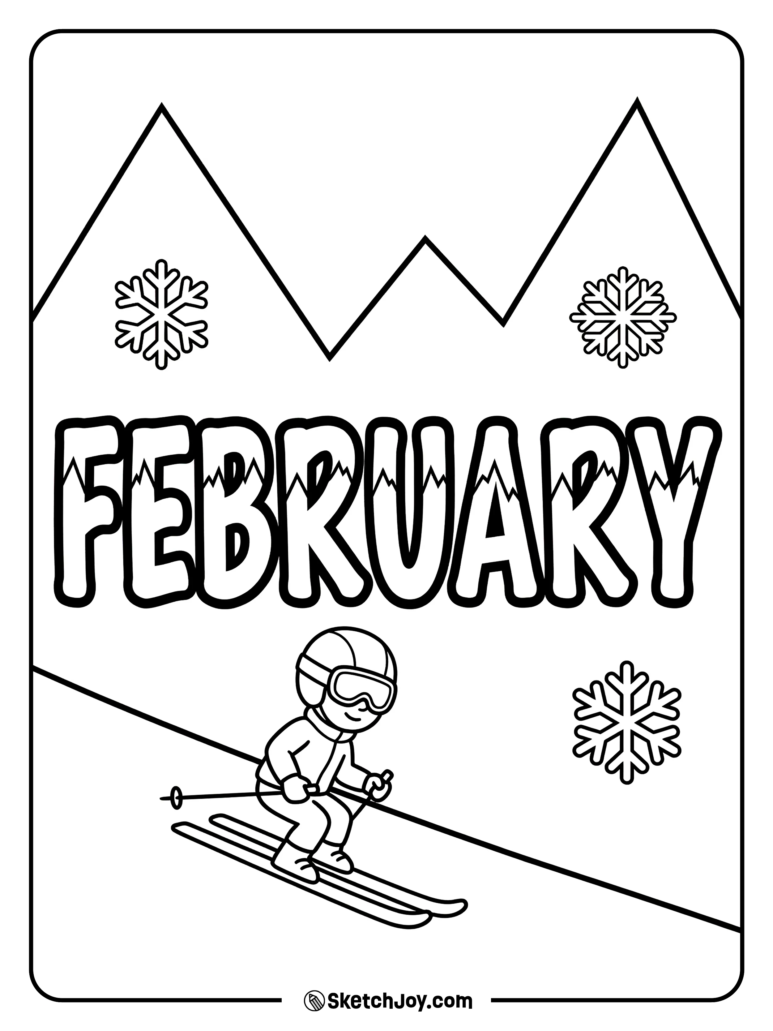 FEBRUARY sits above simple mountains and a skier.