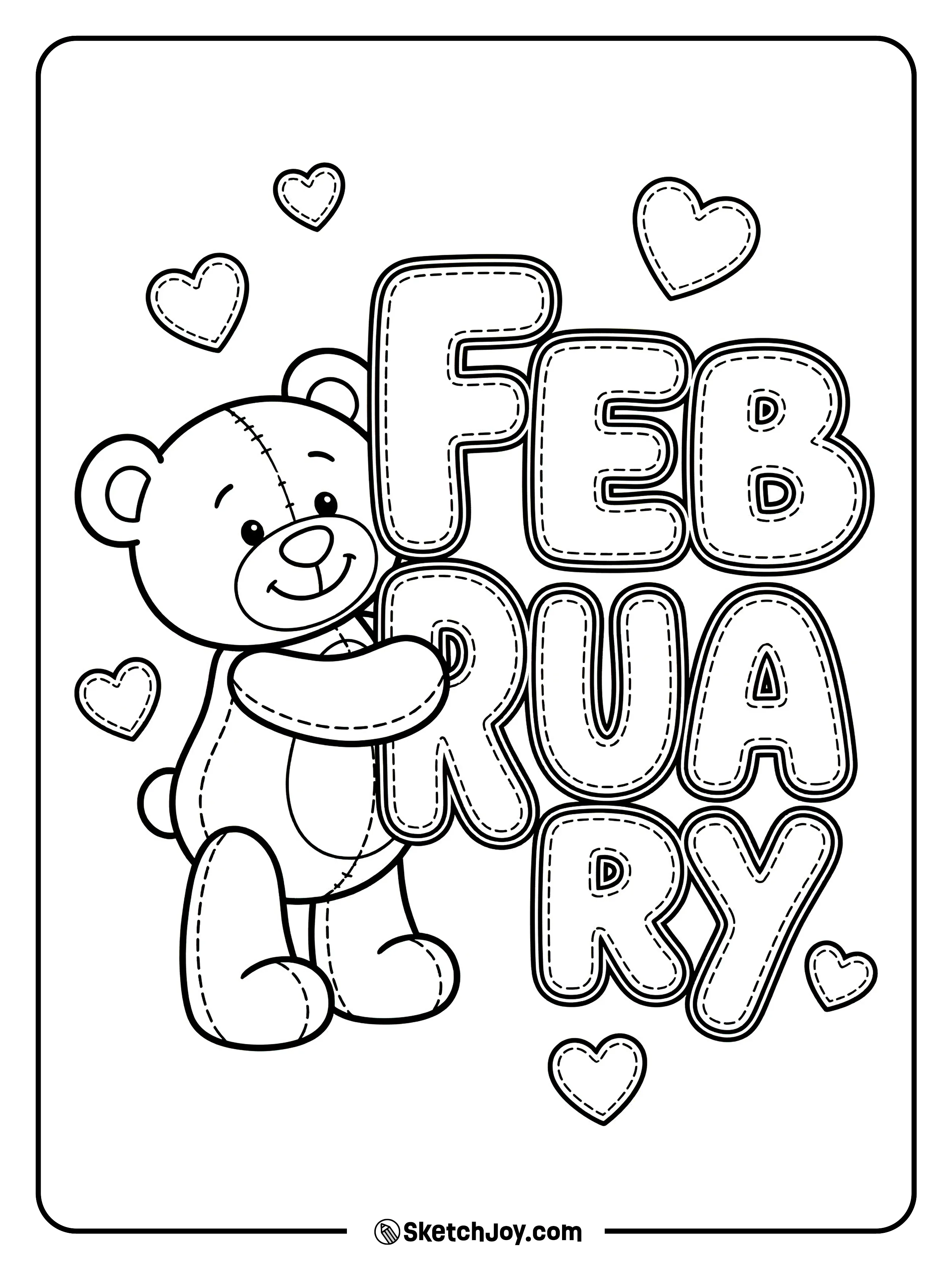 A teddy bear hugs the FEBRUARY word with small hearts.