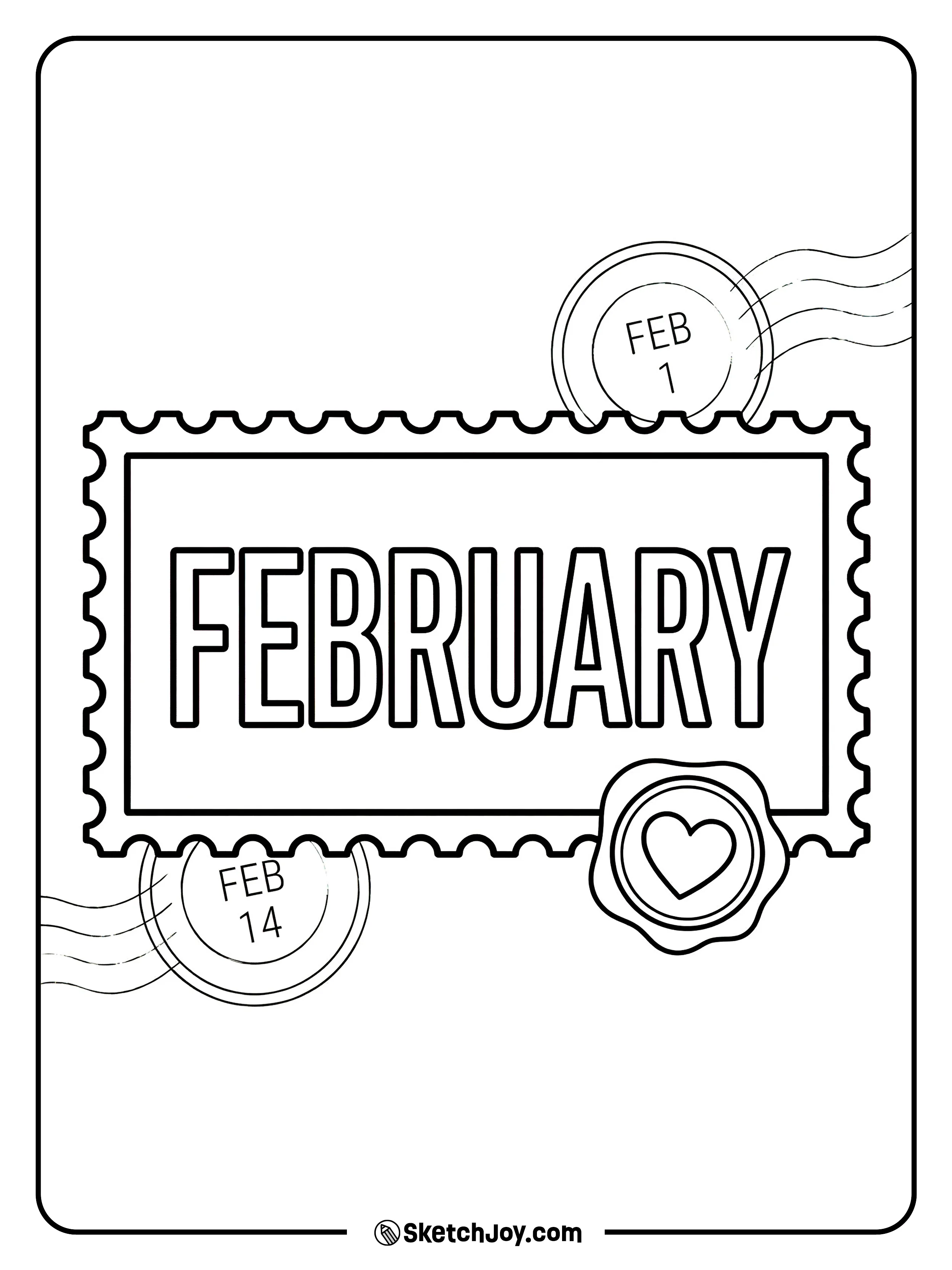 FEBRUARY looks like old postcard stamp letters with a tiny heart seal.