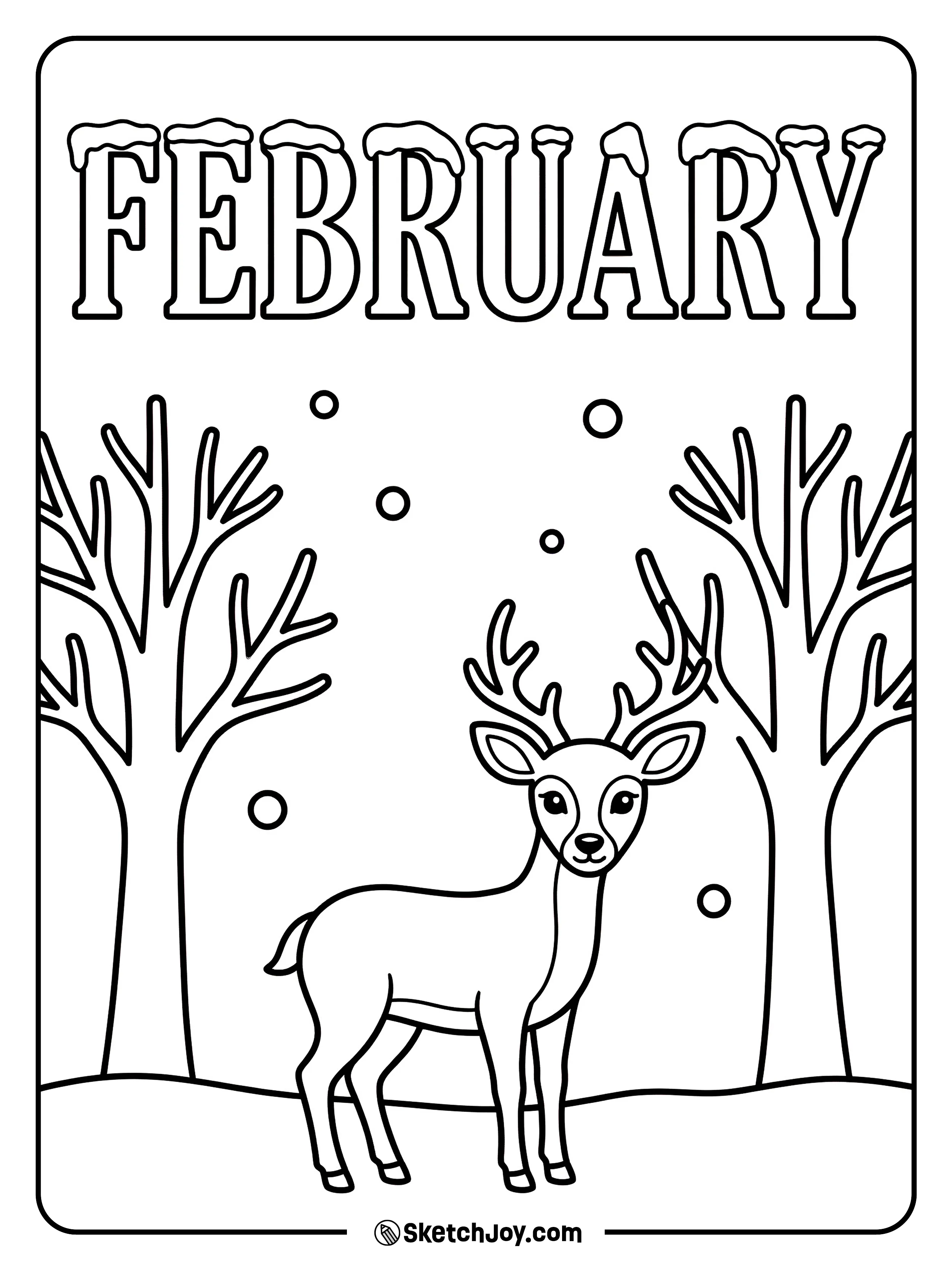 A deer stands under FEBRUARY letters with snow on top.