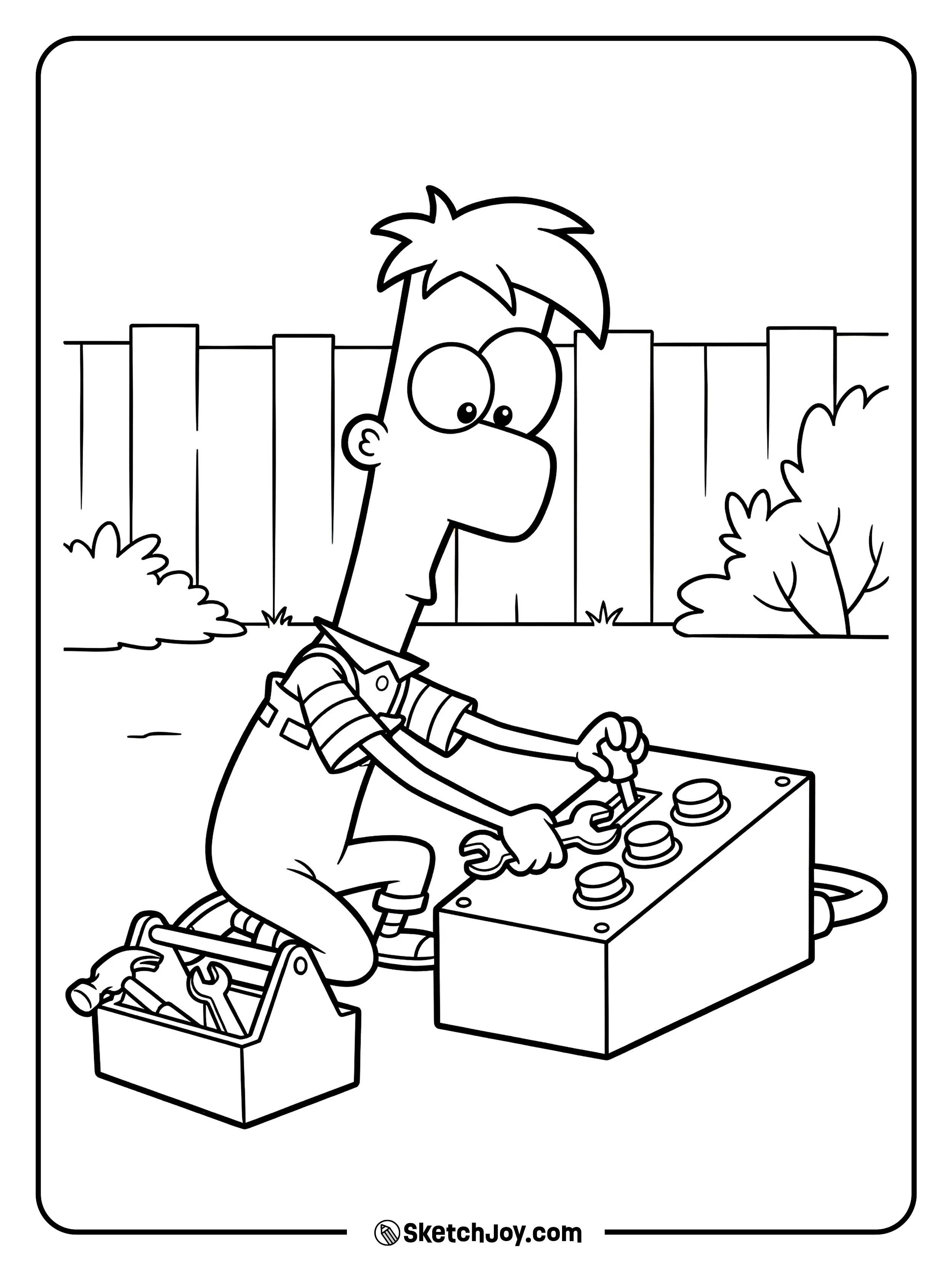 Ferb focuses on a small control panel with big buttons.