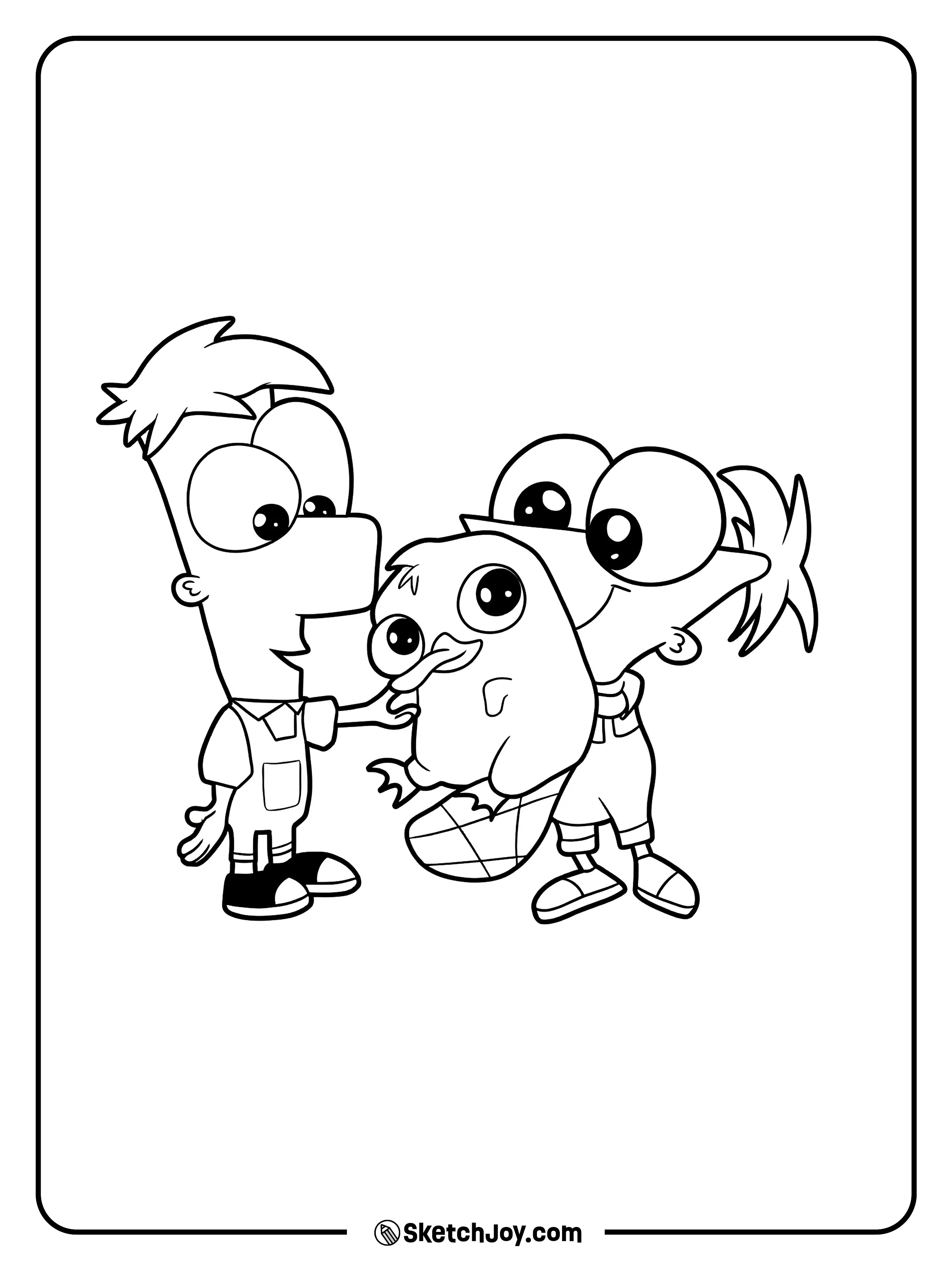 Ferb and Phineas give Perry a big hug in a cute style.
