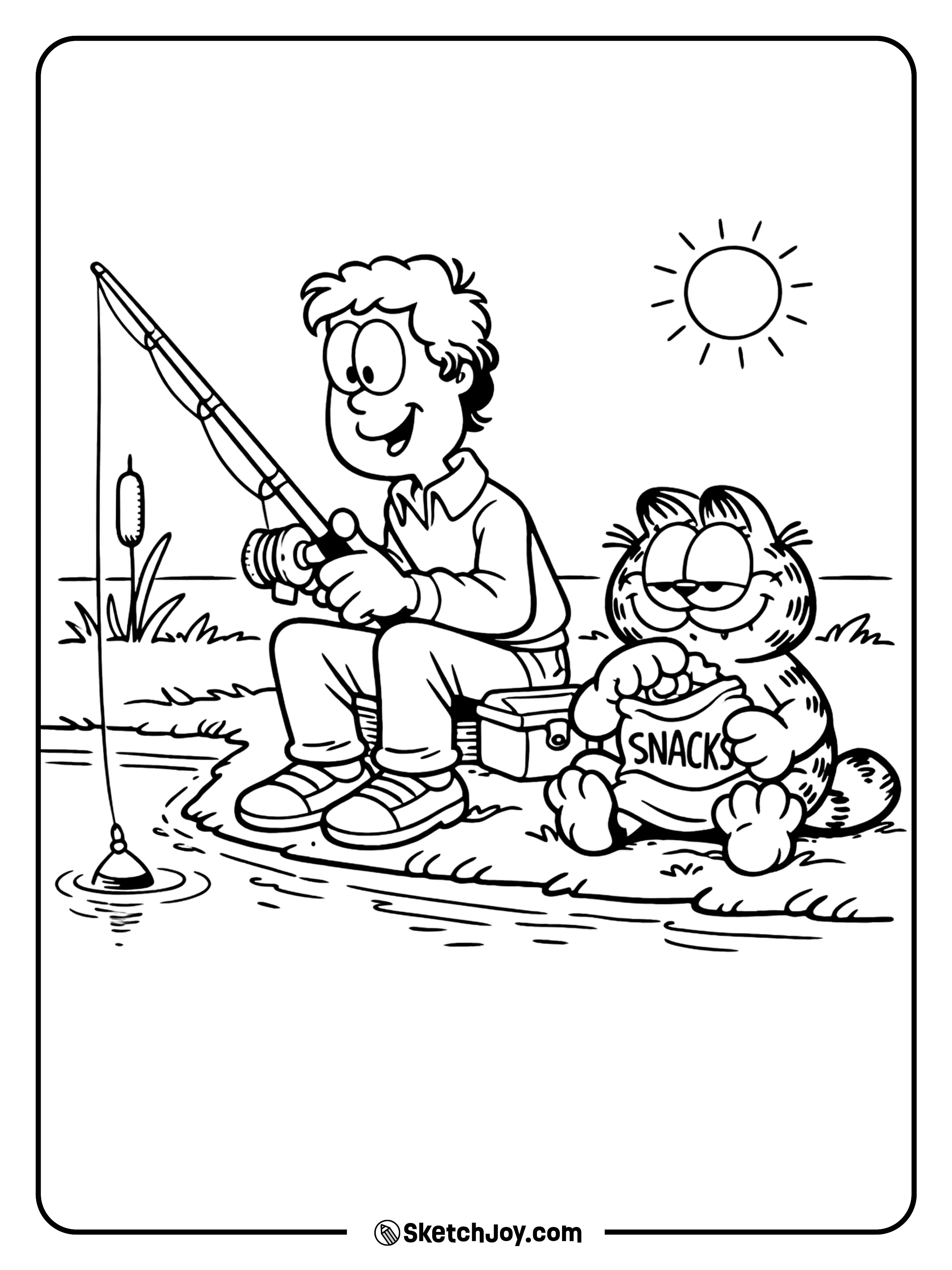 Jon holds a fishing pole while Garfield holds the snack bag.