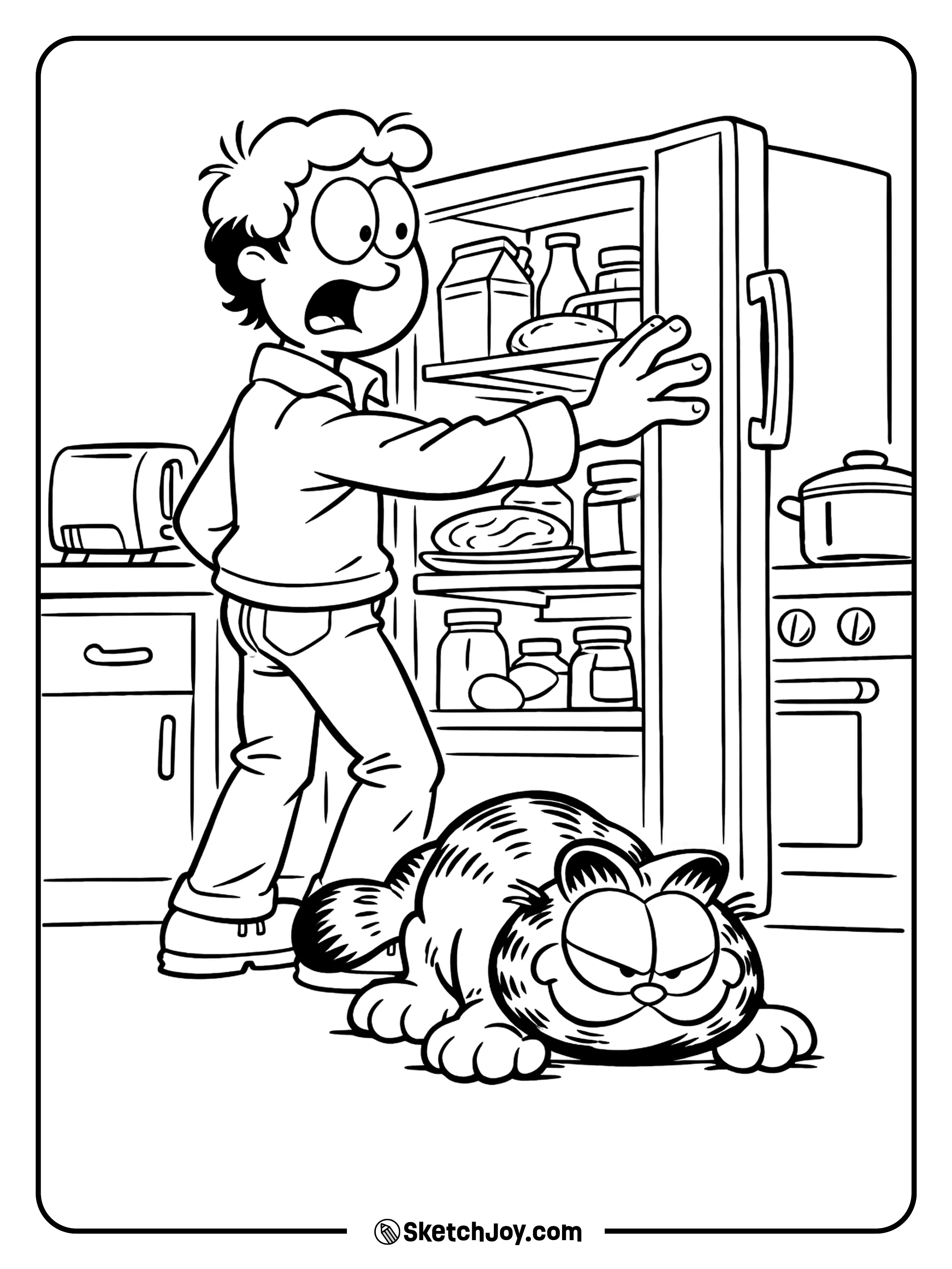 Jon blocks the fridge while Garfield plans his next move.