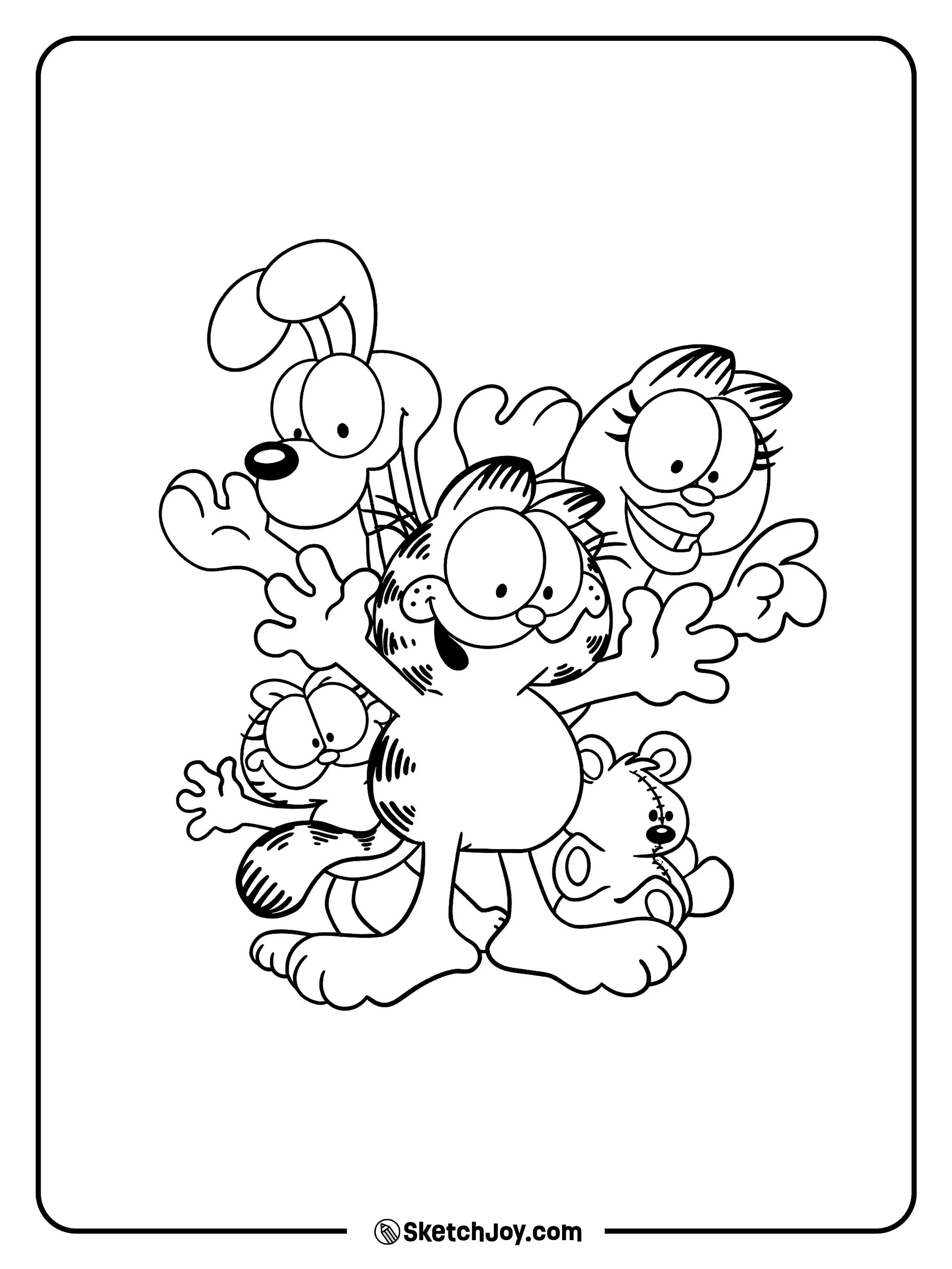 Garfield poses with Odie, Arlene, Nermal, and Pooky in a fun group shot.