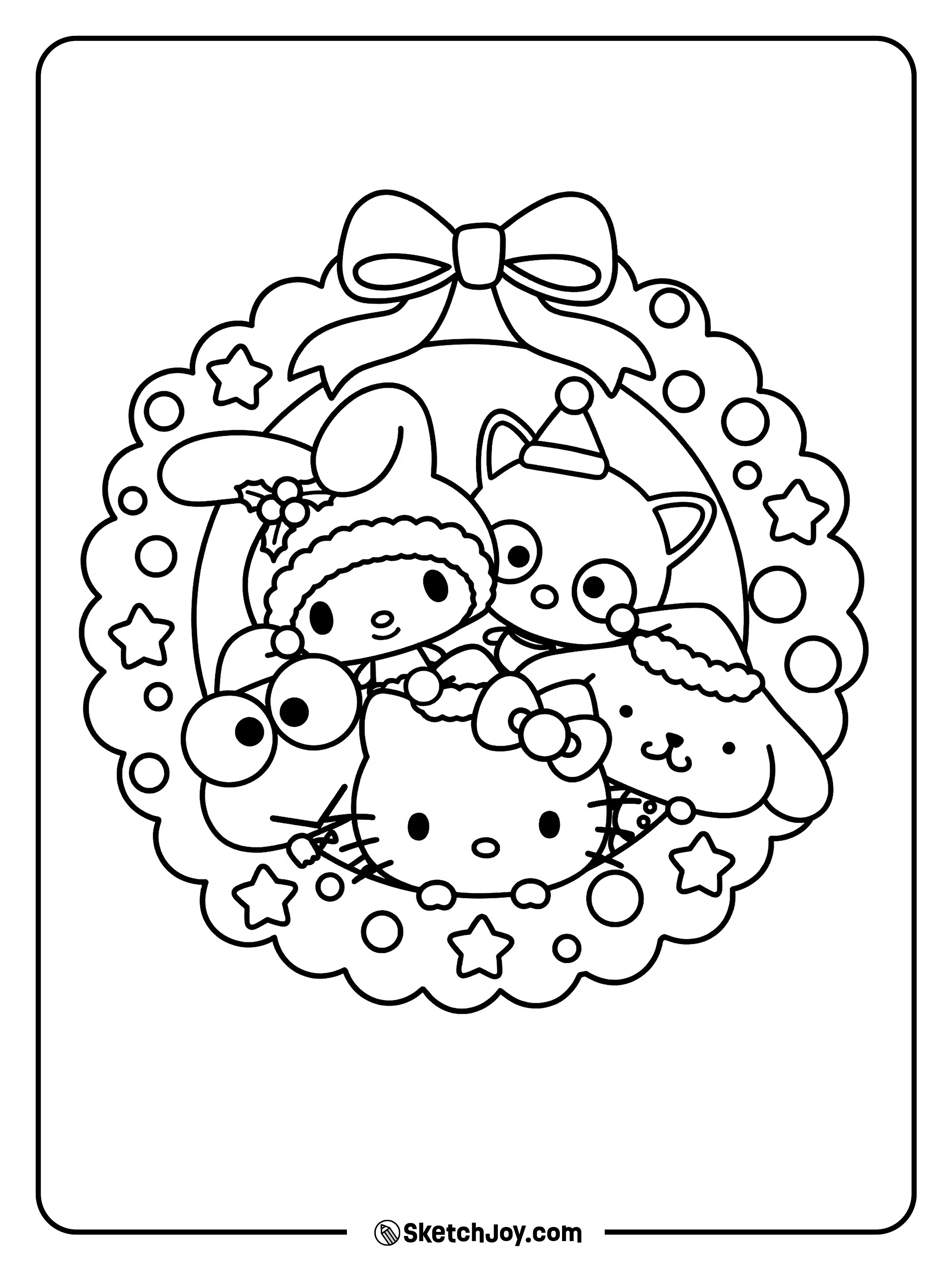 Hello Kitty is in a wreath with My Melody, Keroppi, Pompompurin, and Chococat.