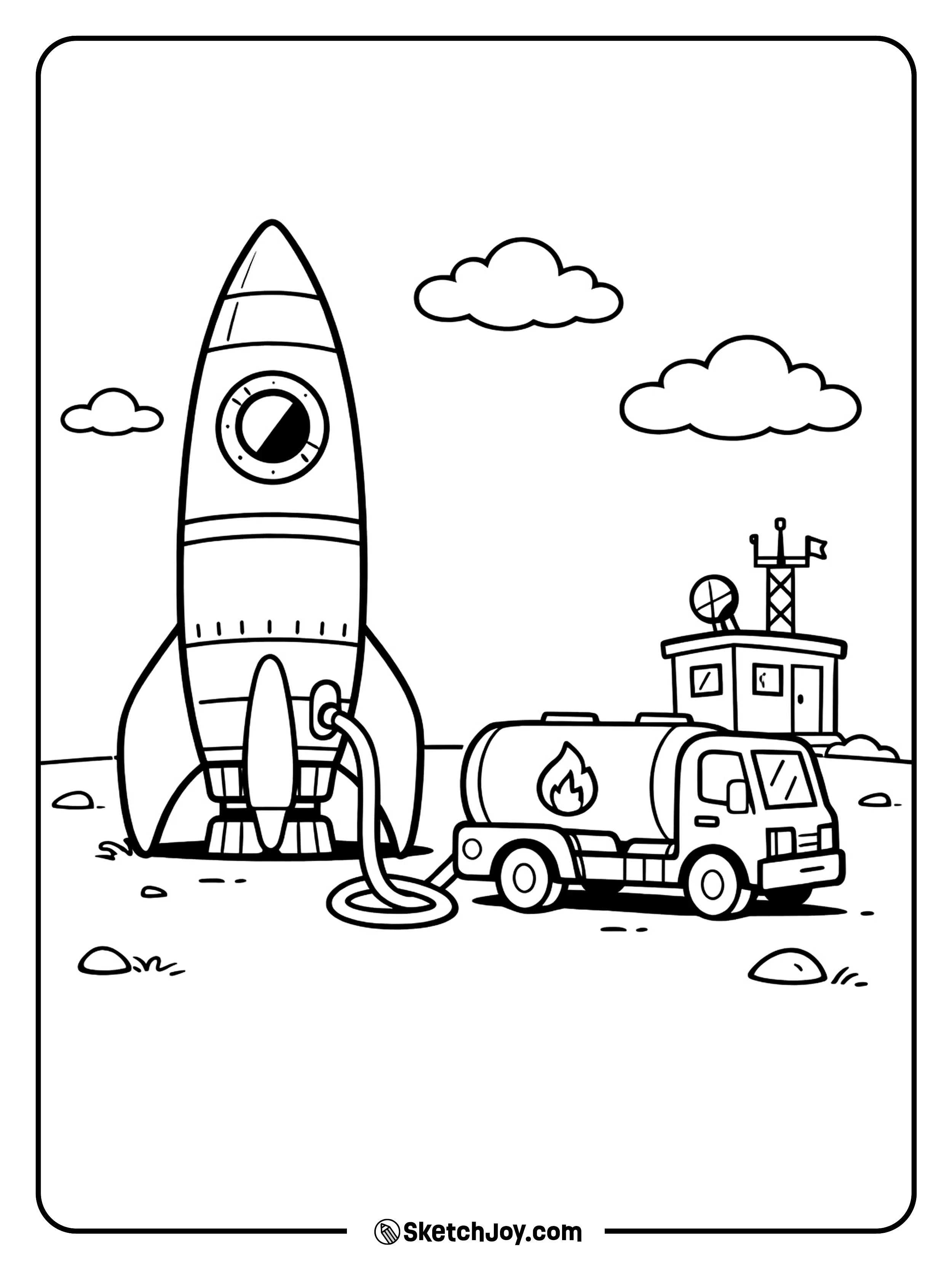 A space ship stands while a small fuel truck is nearby.