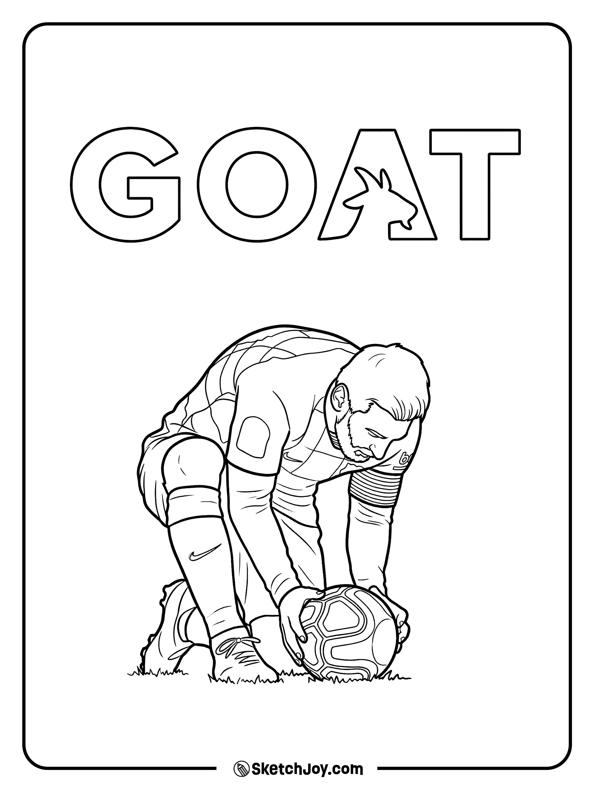 Messi (#10) winds up for a strong kick with big GOAT letters.