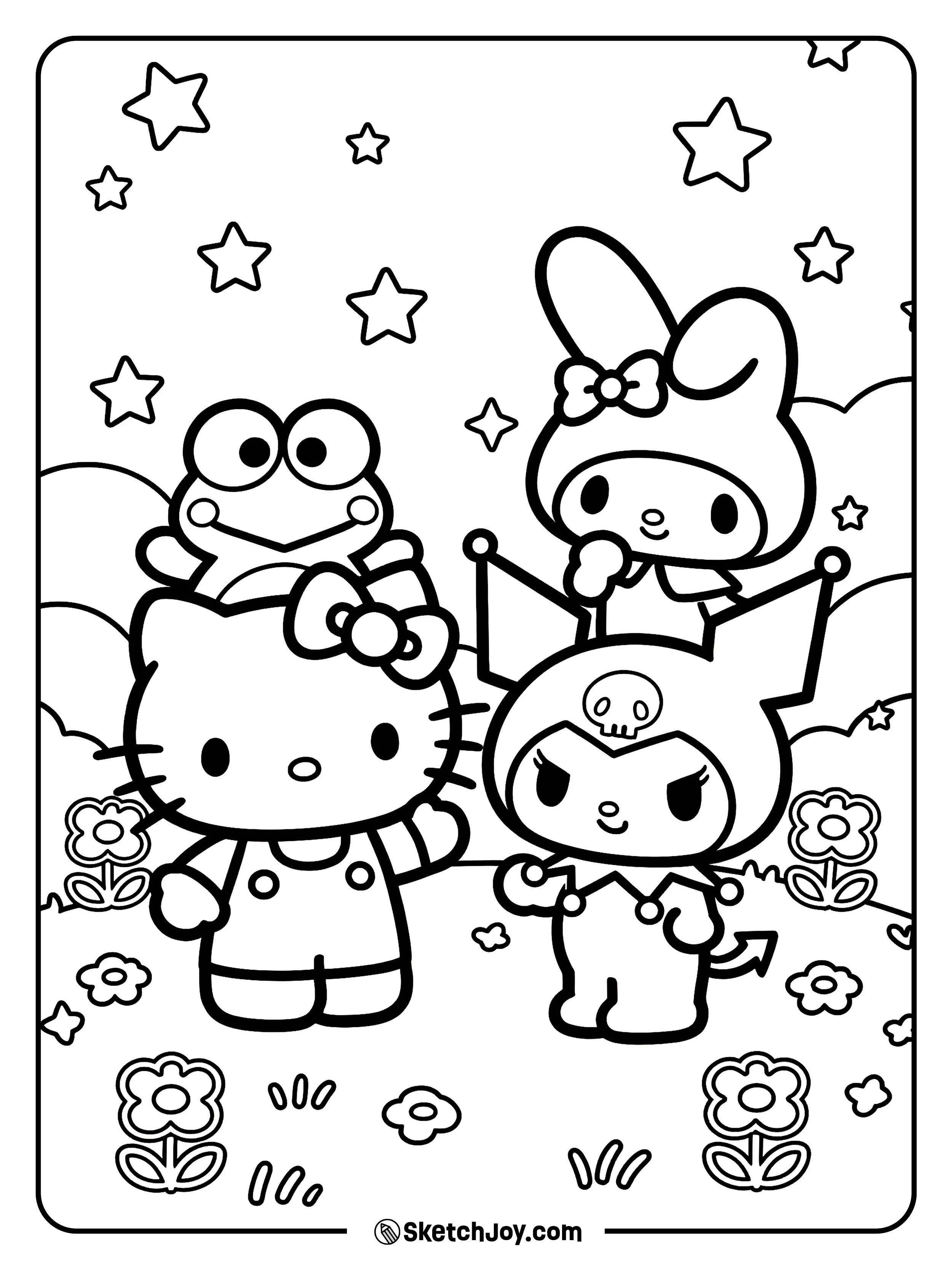 Hello Kitty meets Keroppi, My Melody, and Kuromi in a happy garden full of stars and flowers.