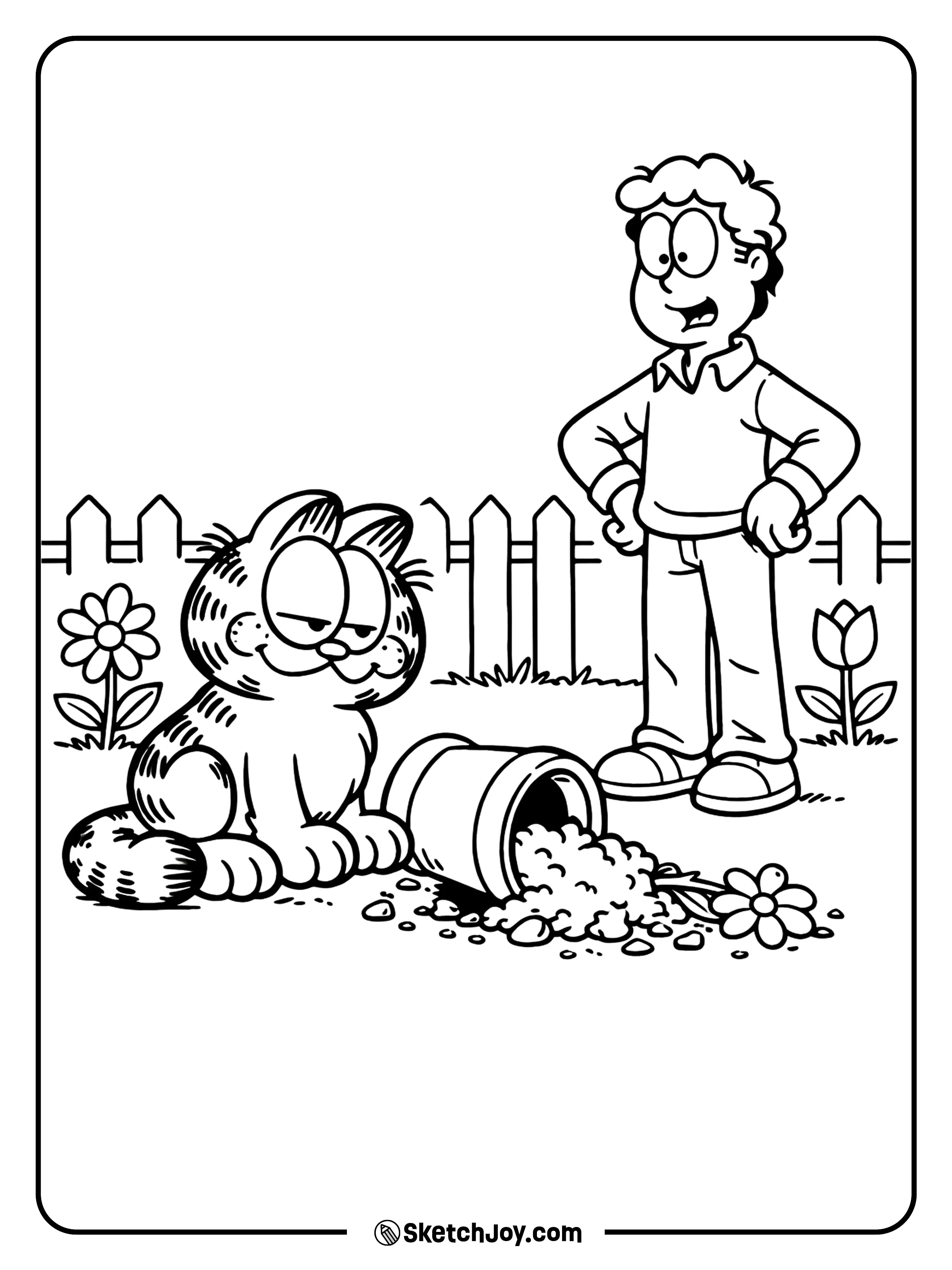 Garfield sits near a messy flower pot with an “oops” face.