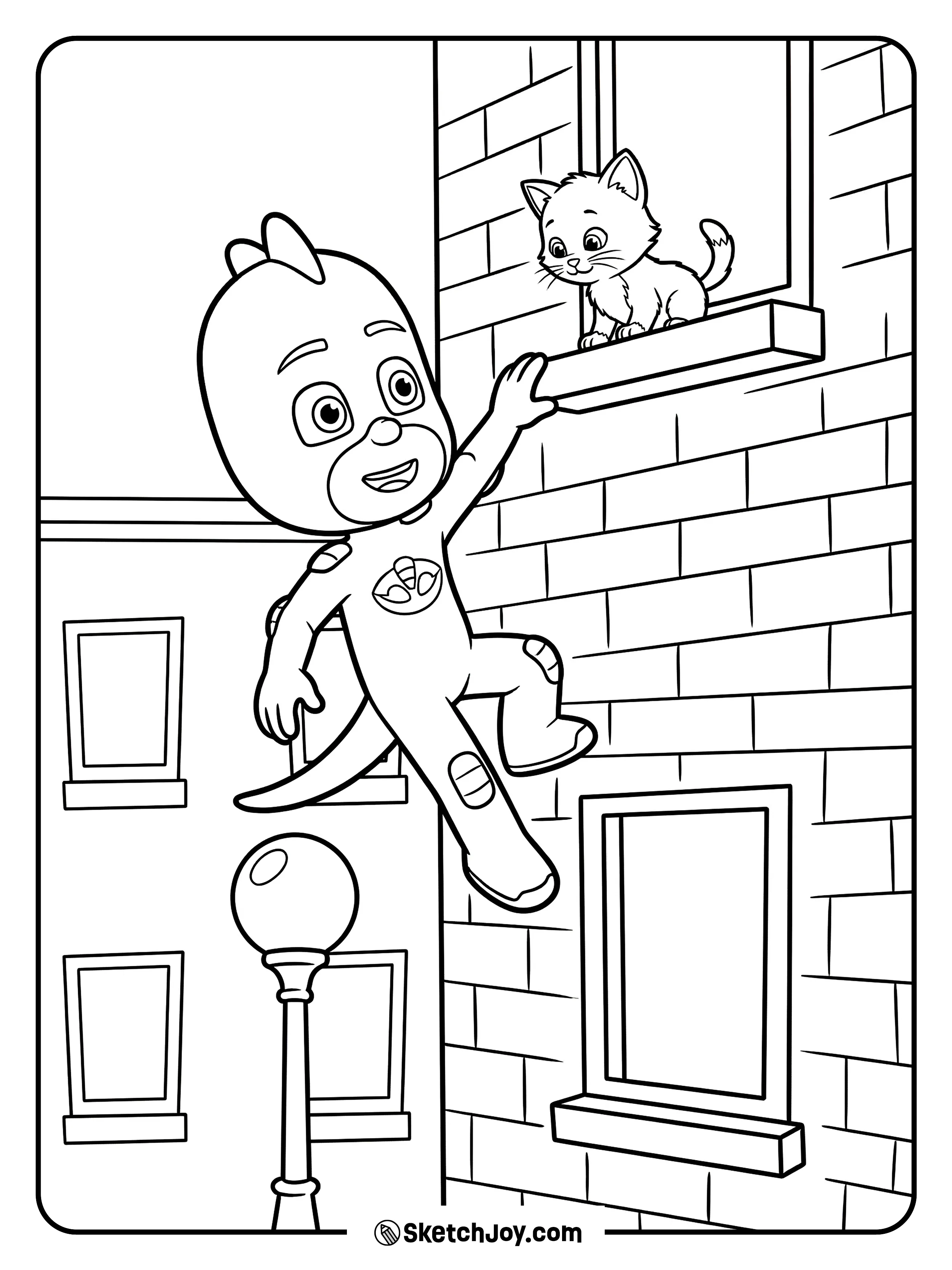 Gekko climbs a wall to help a stuck kitten.