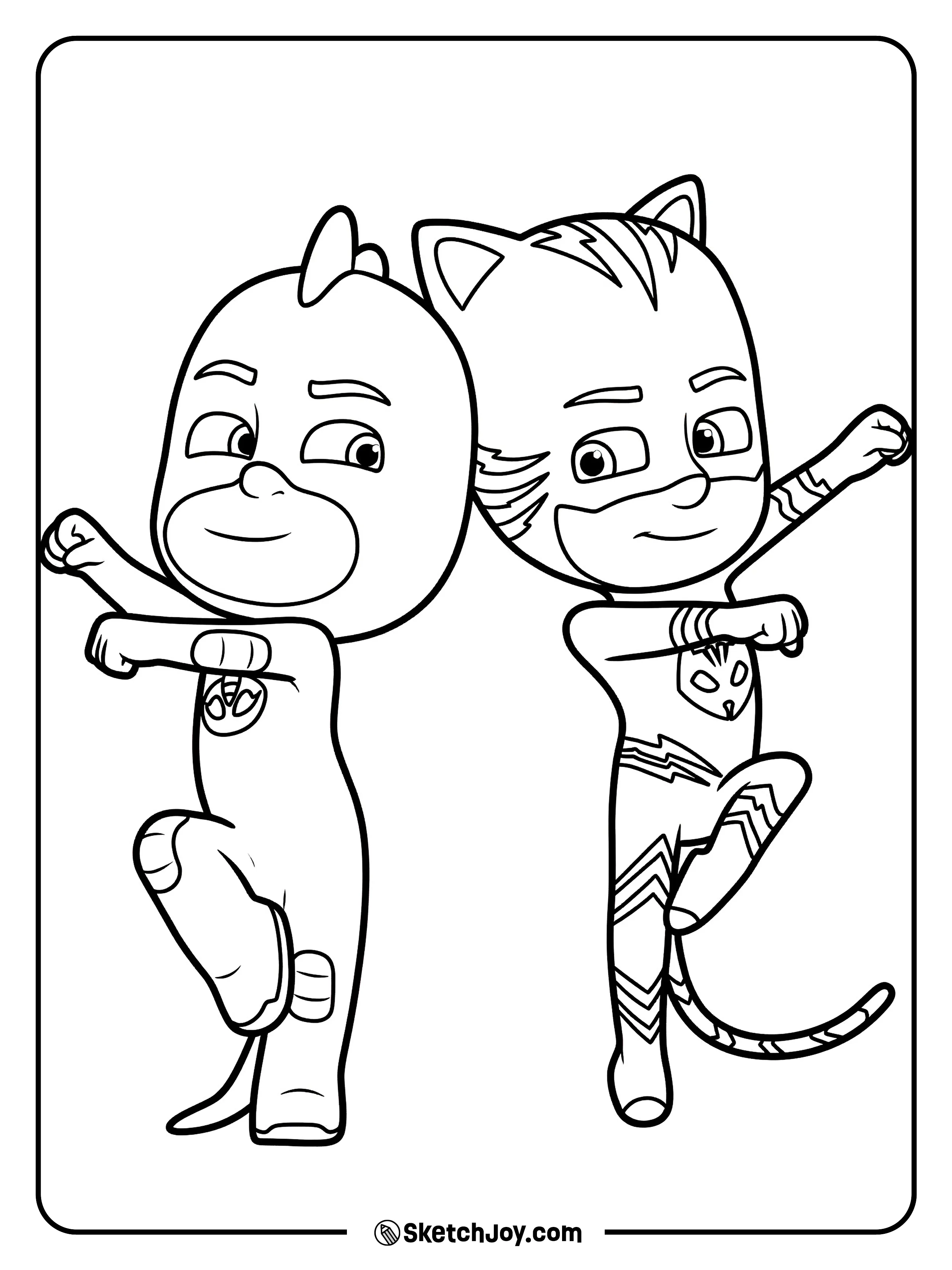 Gekko and Catboy stand back to back and strike a fun action move.