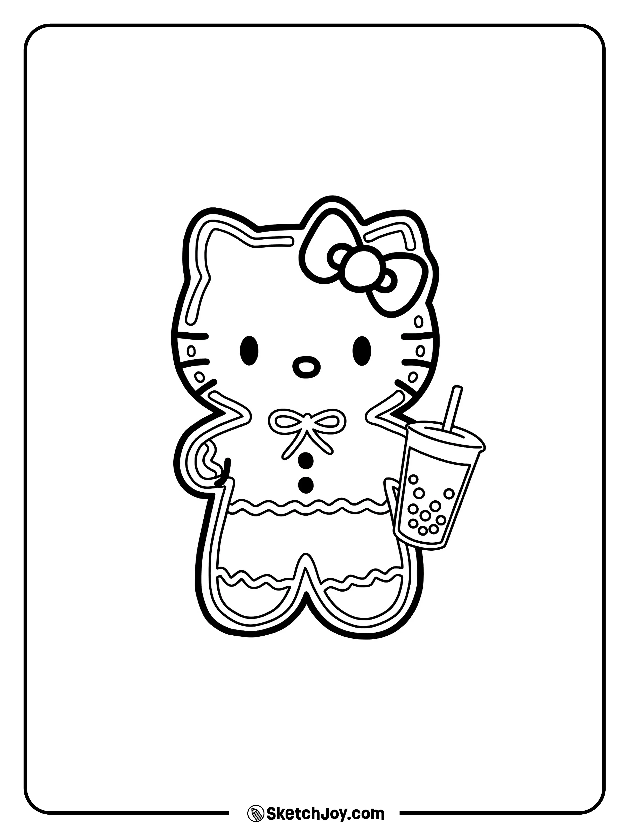 Hello Kitty is shaped like a gingerbread cookie and holds a fun drink with a straw.