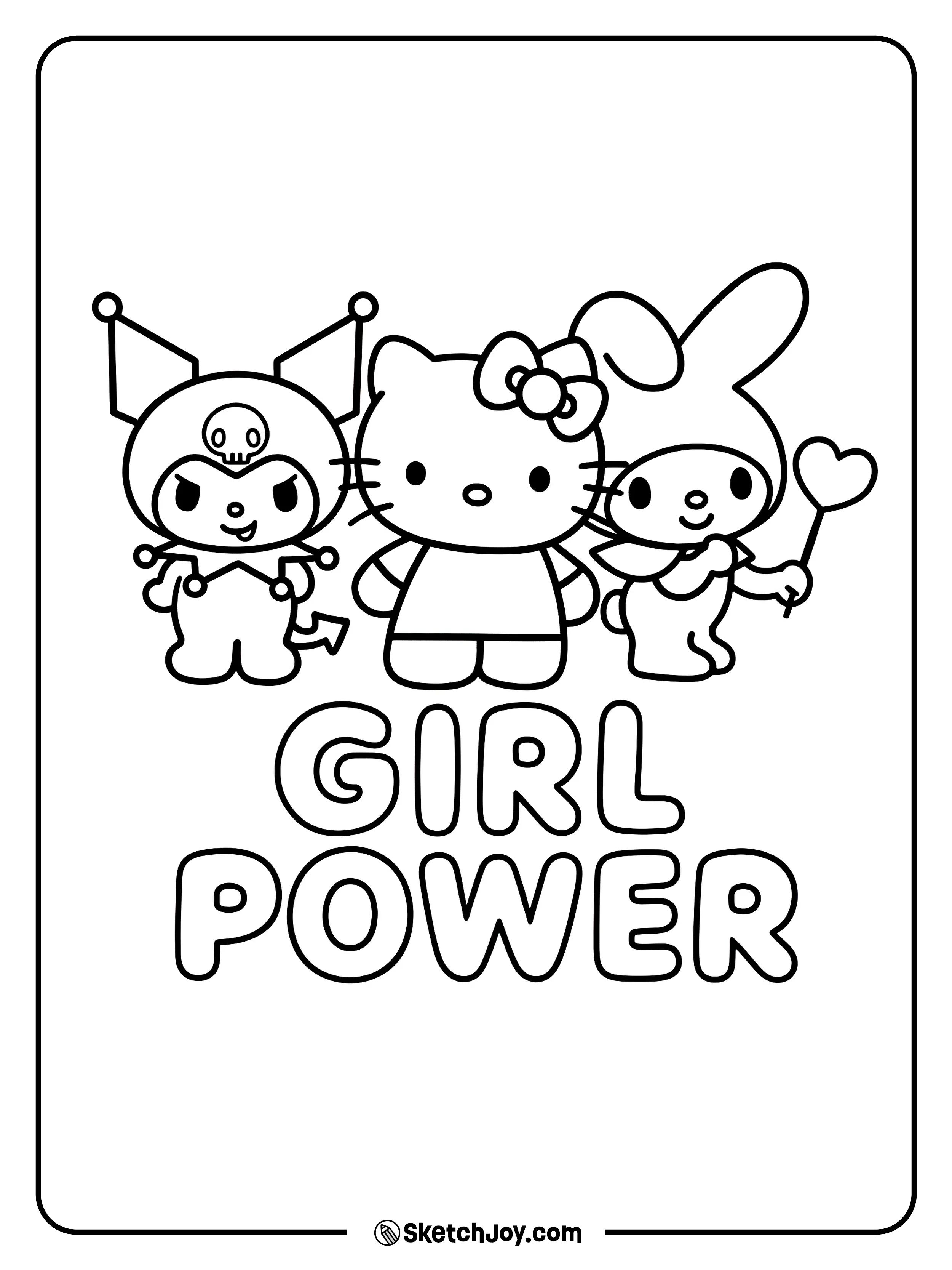 Hello Kitty stands with Kuromi and My Melody under the words Girl Power.