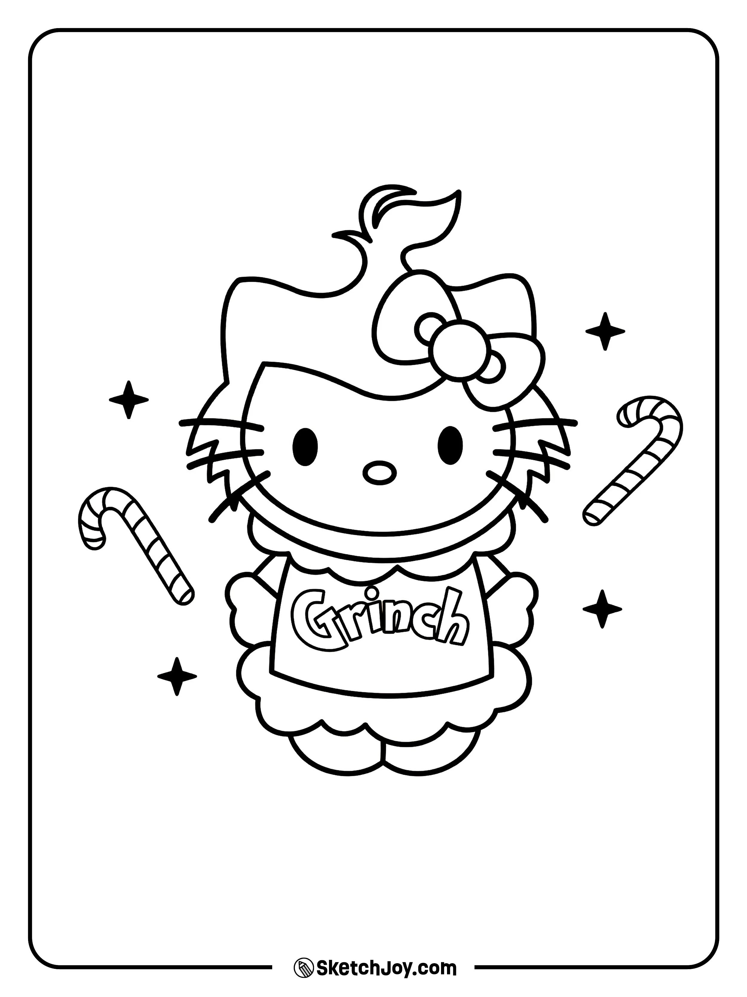 Hello Kitty wears a Grinch-style outfit with candy canes and stars around her.
