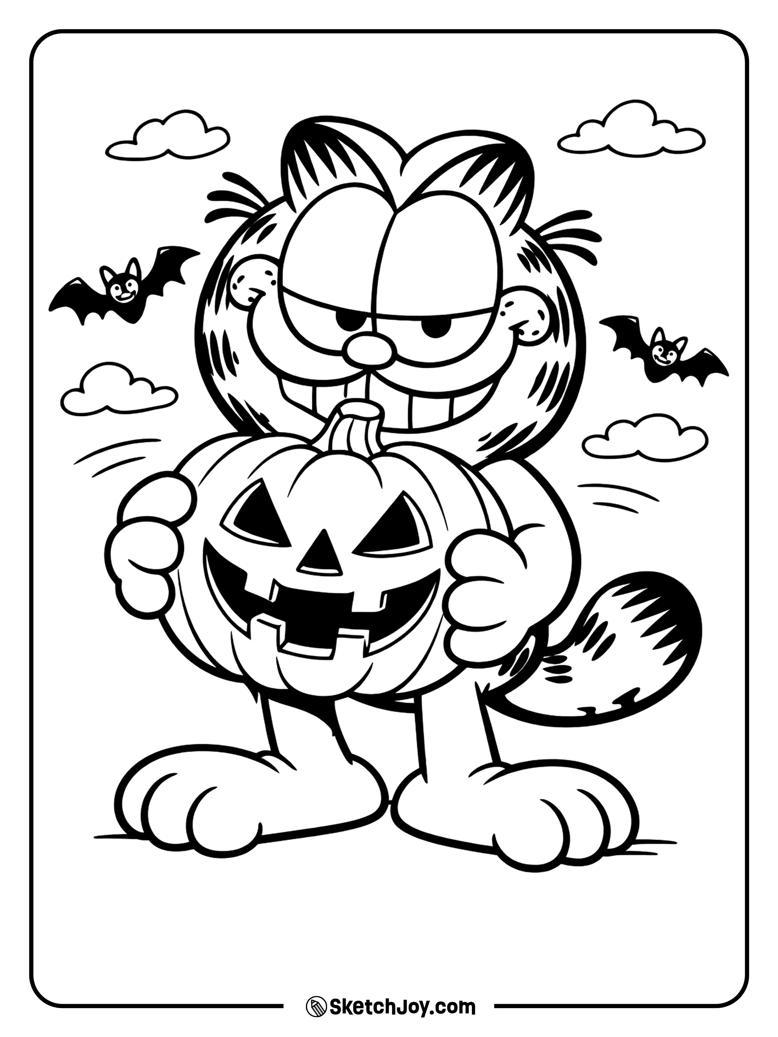 Garfield holds a pumpkin with a spooky-funny smile.