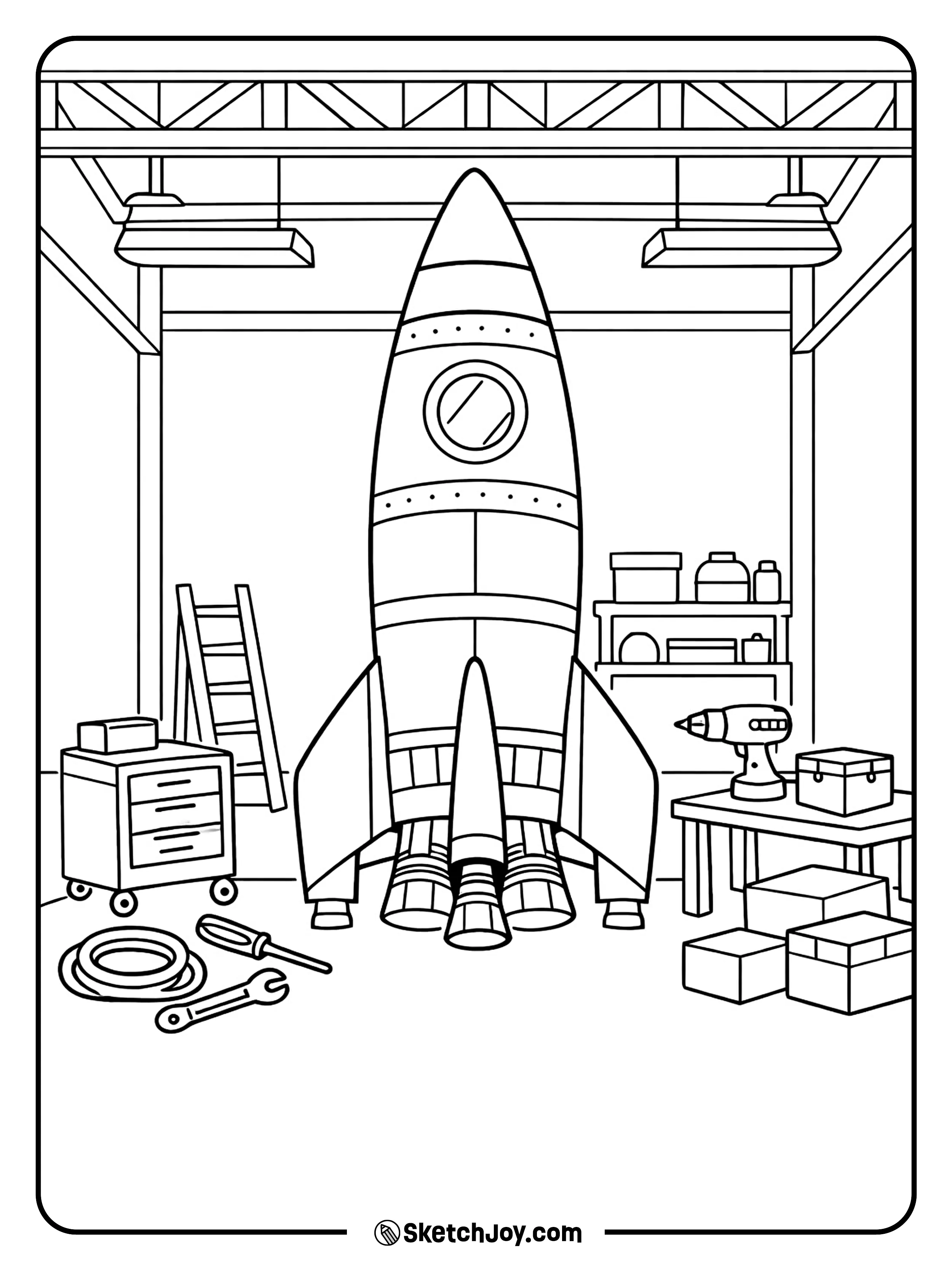 A space ship sits in a hangar with a few tools and boxes.