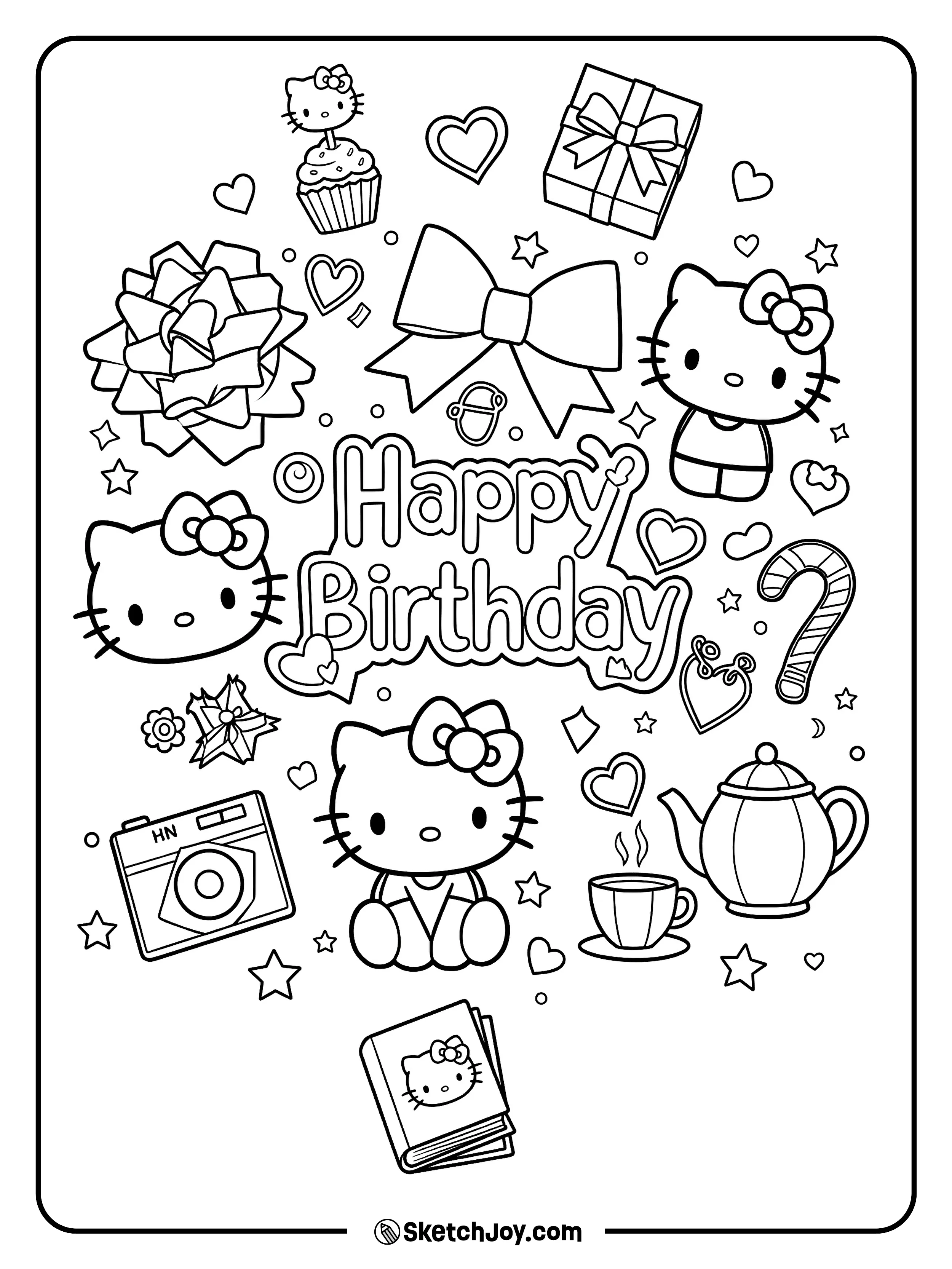 A fun birthday scene is filled with Hello Kitty items.