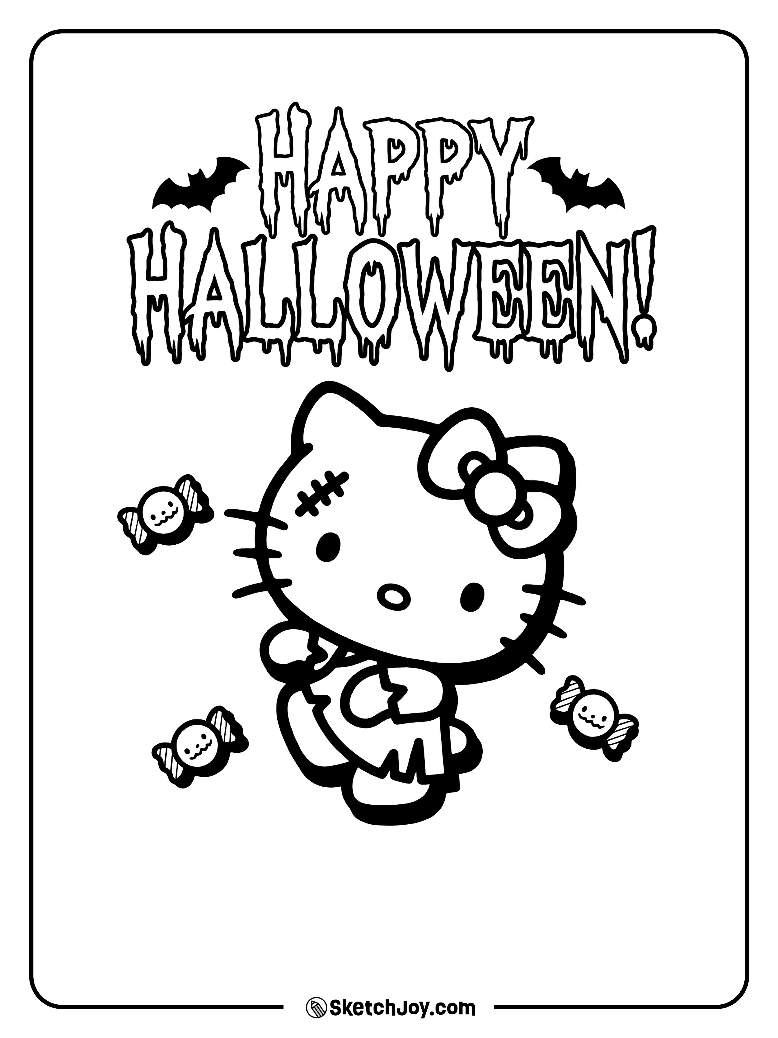 Hello Kitty smiles under a spooky Halloween message with bats and candy.