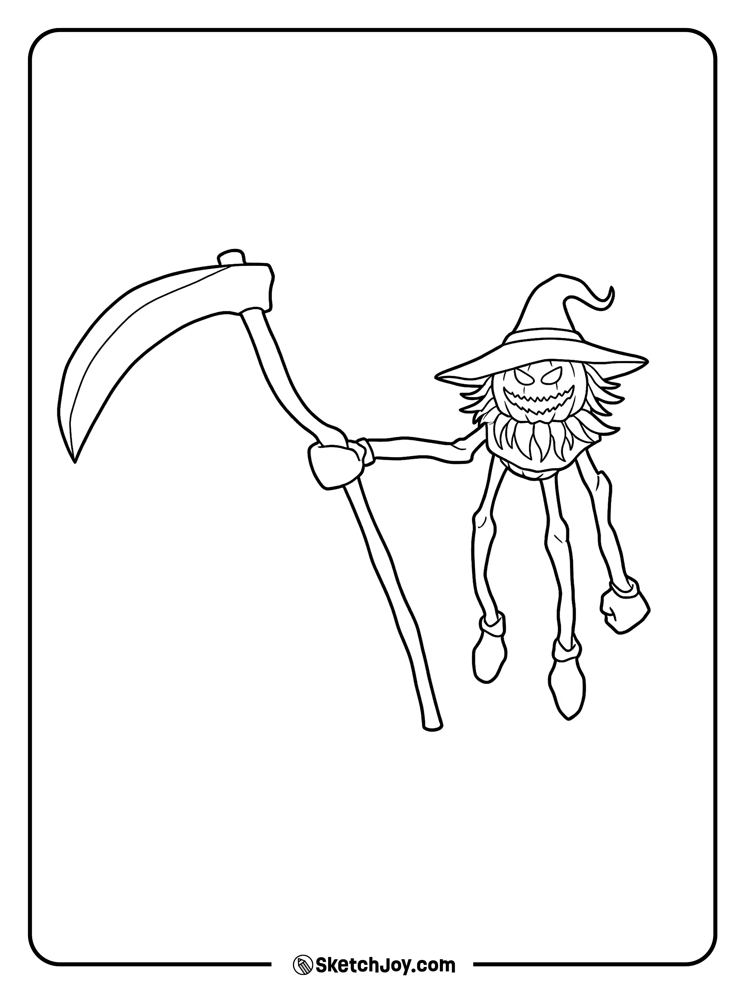 Happy The Halloween Guy holds a big scythe and grins with a pumpkin head.