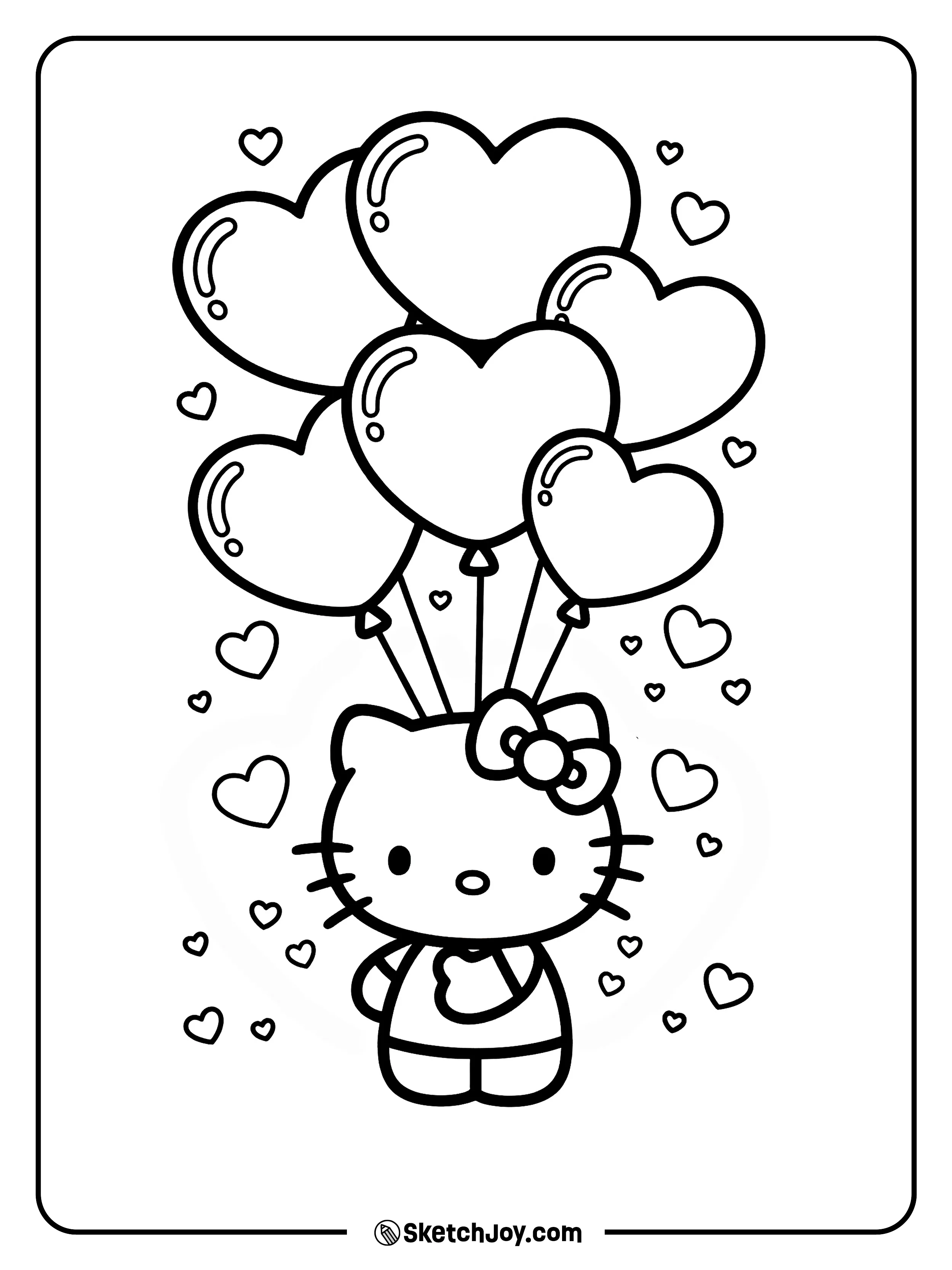 Hello Kitty holds heart balloons.
