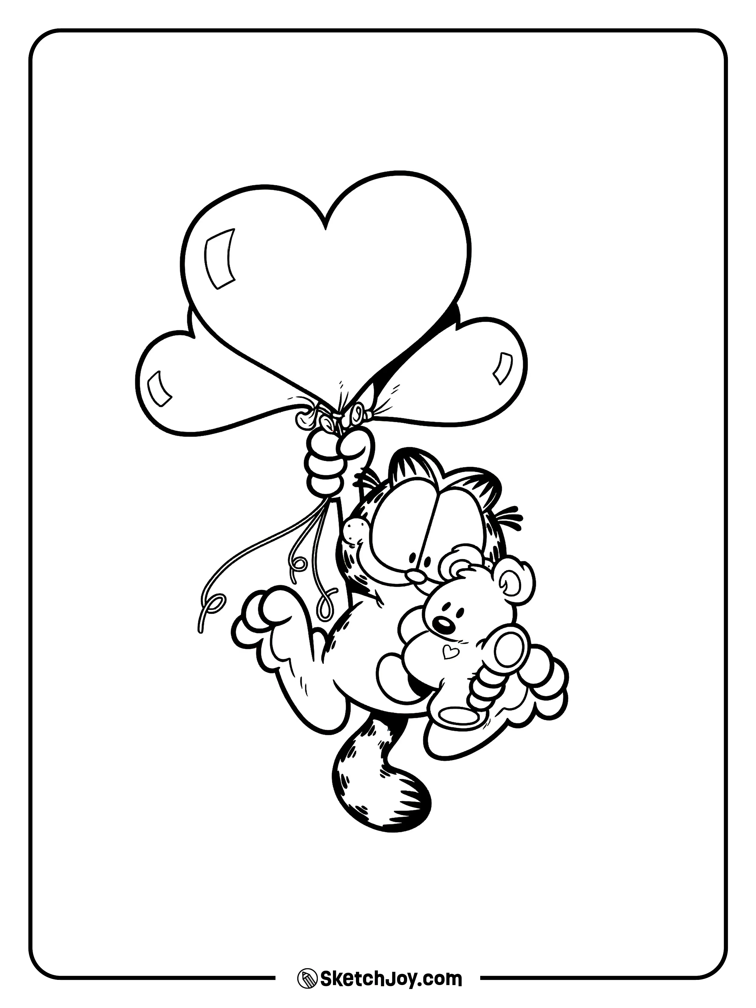 Garfield holds heart balloons and hugs Pooky close.