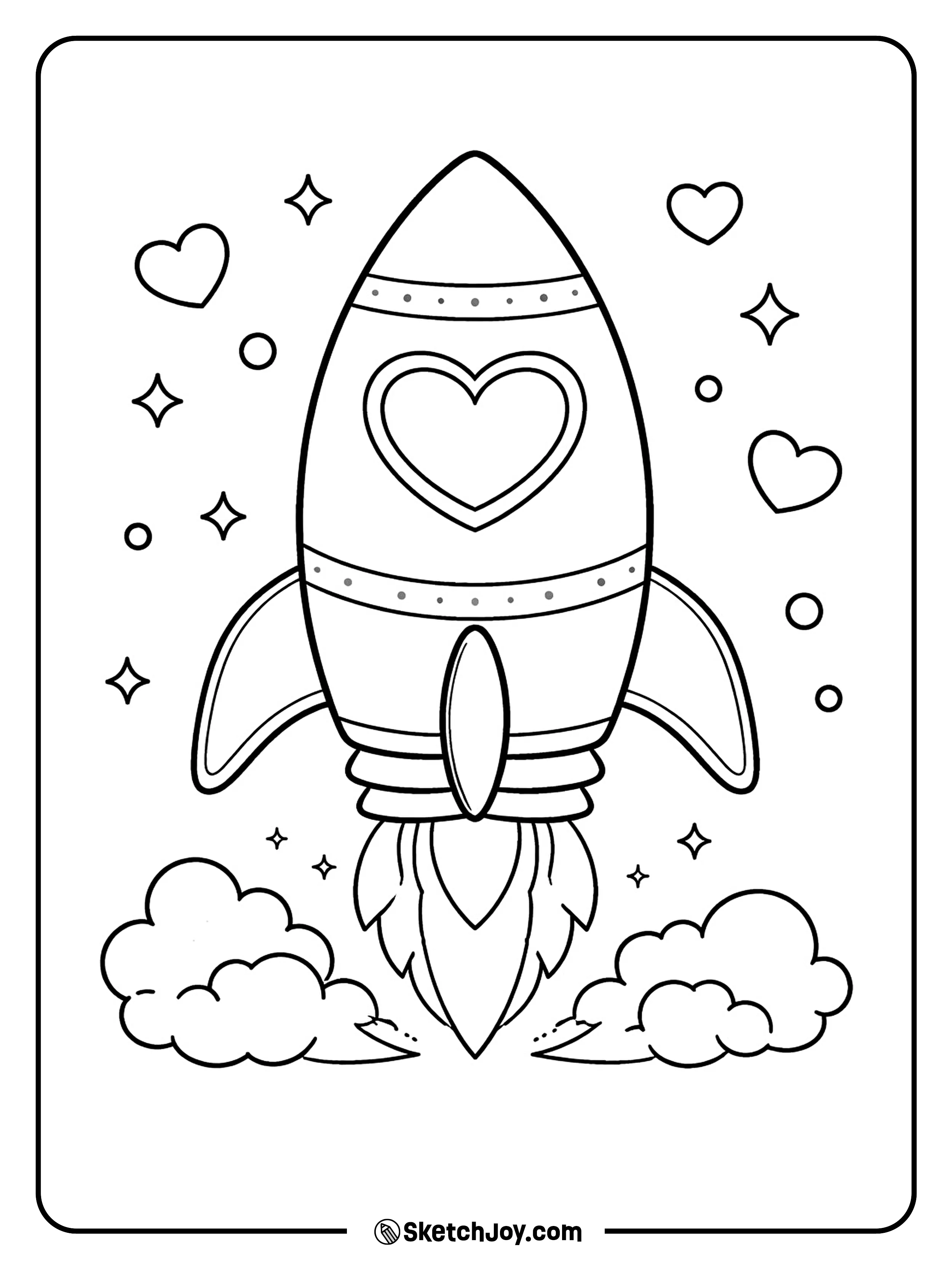A cute space ship has a heart-shaped window and simple stripes.