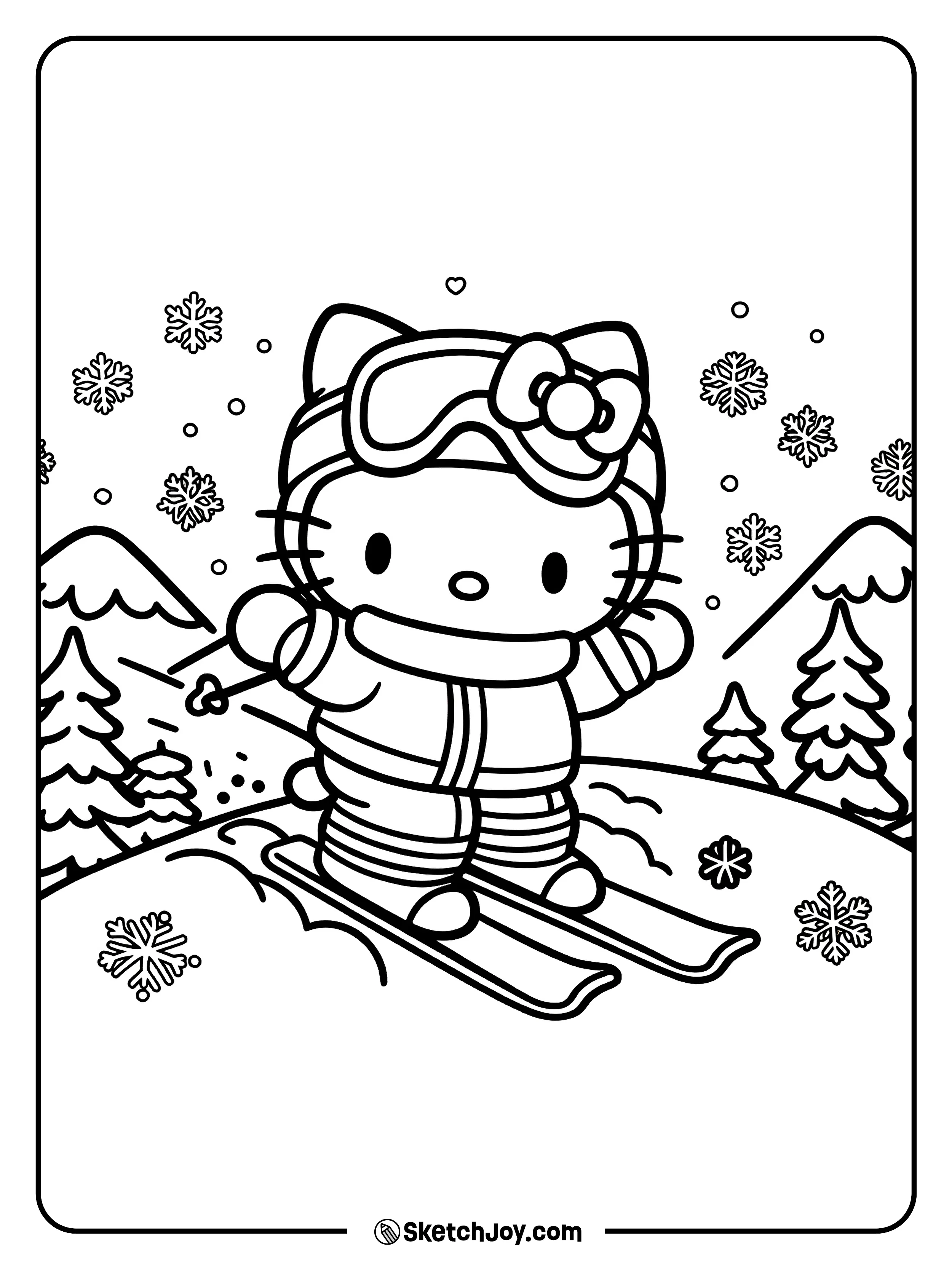 Hello Kitty skis down a snowy hill with goggles on and snowflakes all around.