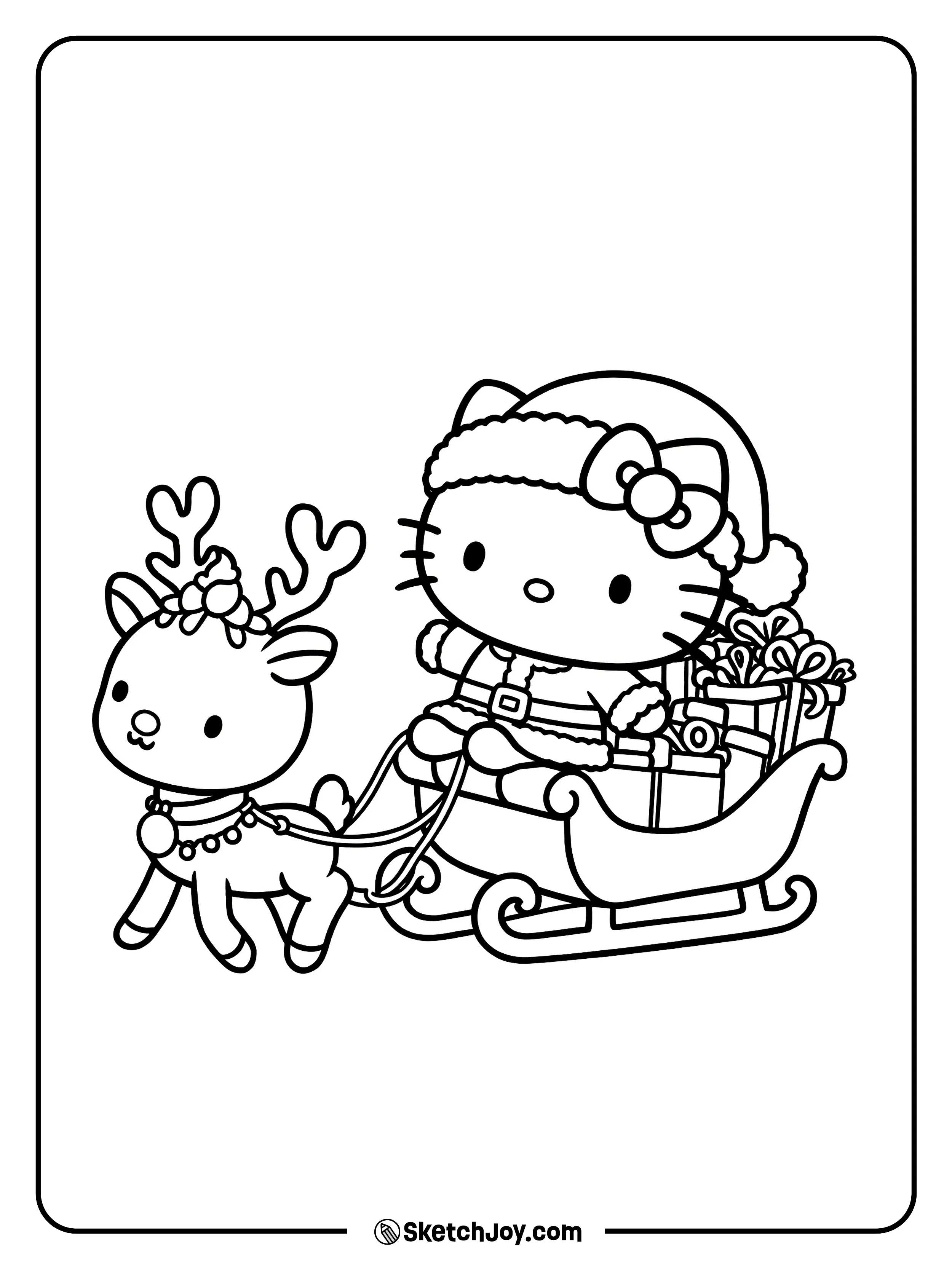 Hello Kitty rides in a sleigh full of gifts as a happy reindeer pulls her along.