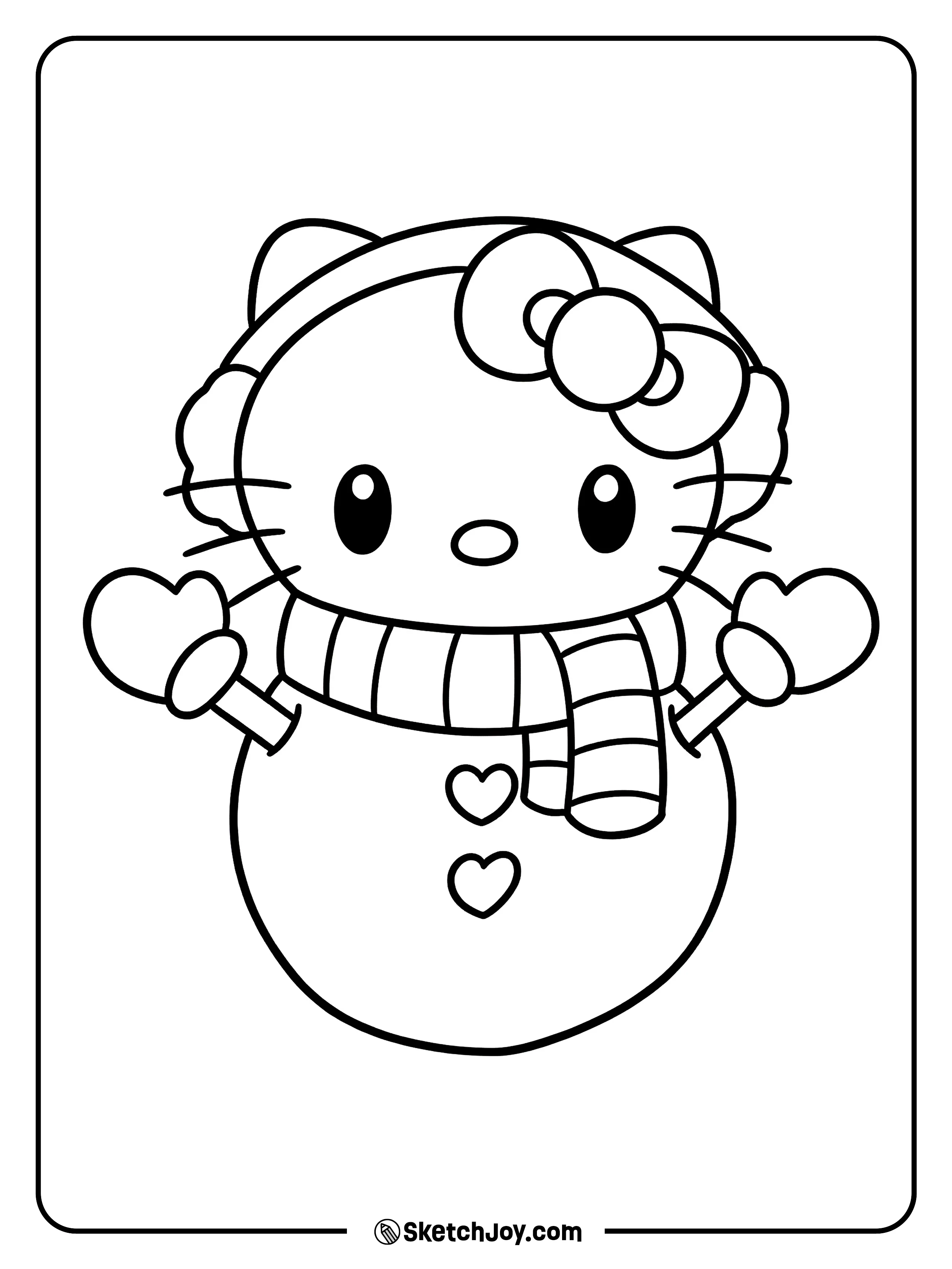 Hello Kitty turns into a cute snowman and holds up two heart mittens.