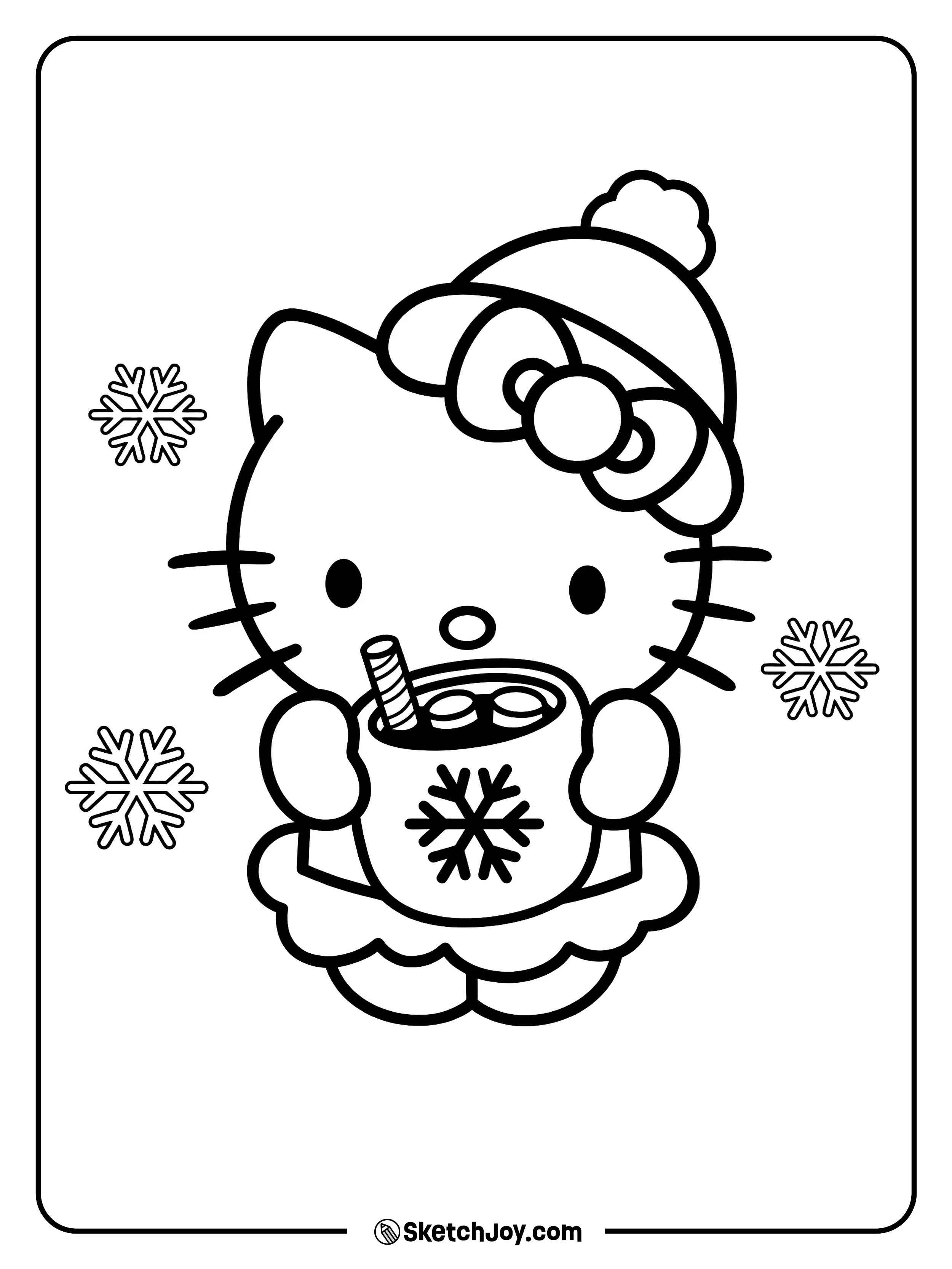 Hello Kitty holds a warm mug with marshmallows while snowflakes fall around her.