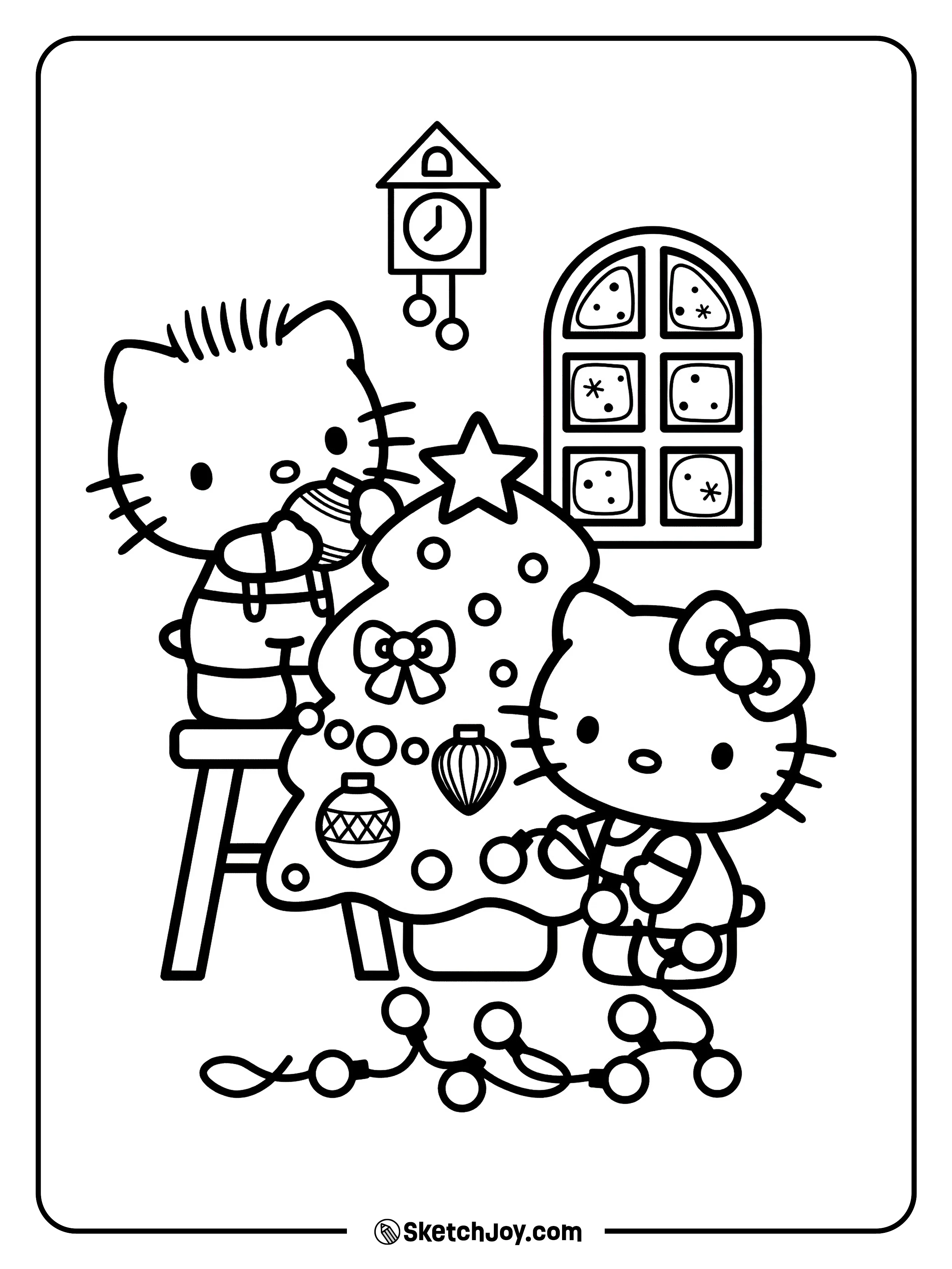 Hello Kitty and Dear Daniel decorate a Christmas tree together inside the house.