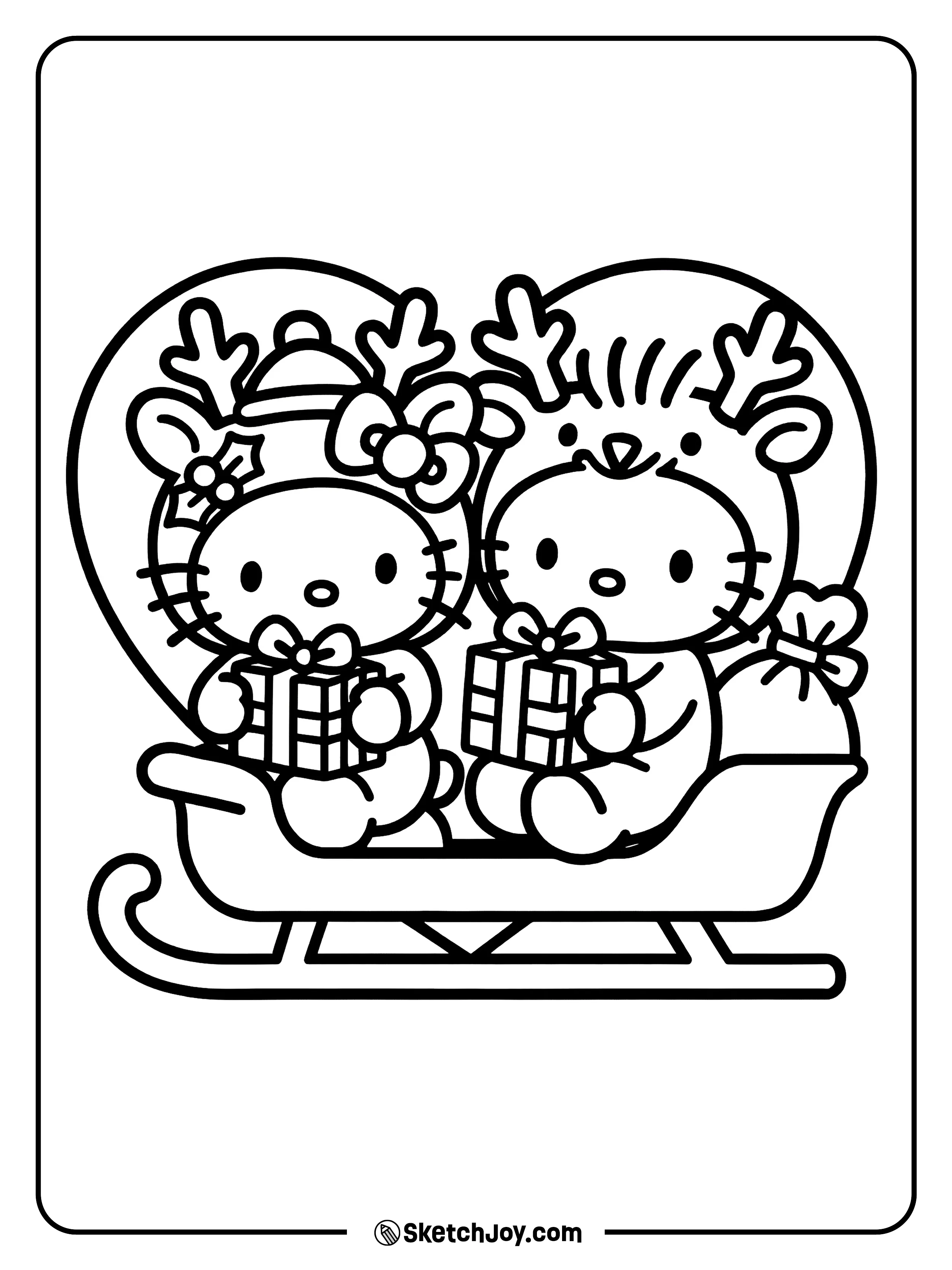 Hello Kitty and Dear Daniel wear reindeer antlers and hold presents while riding in a sleigh.