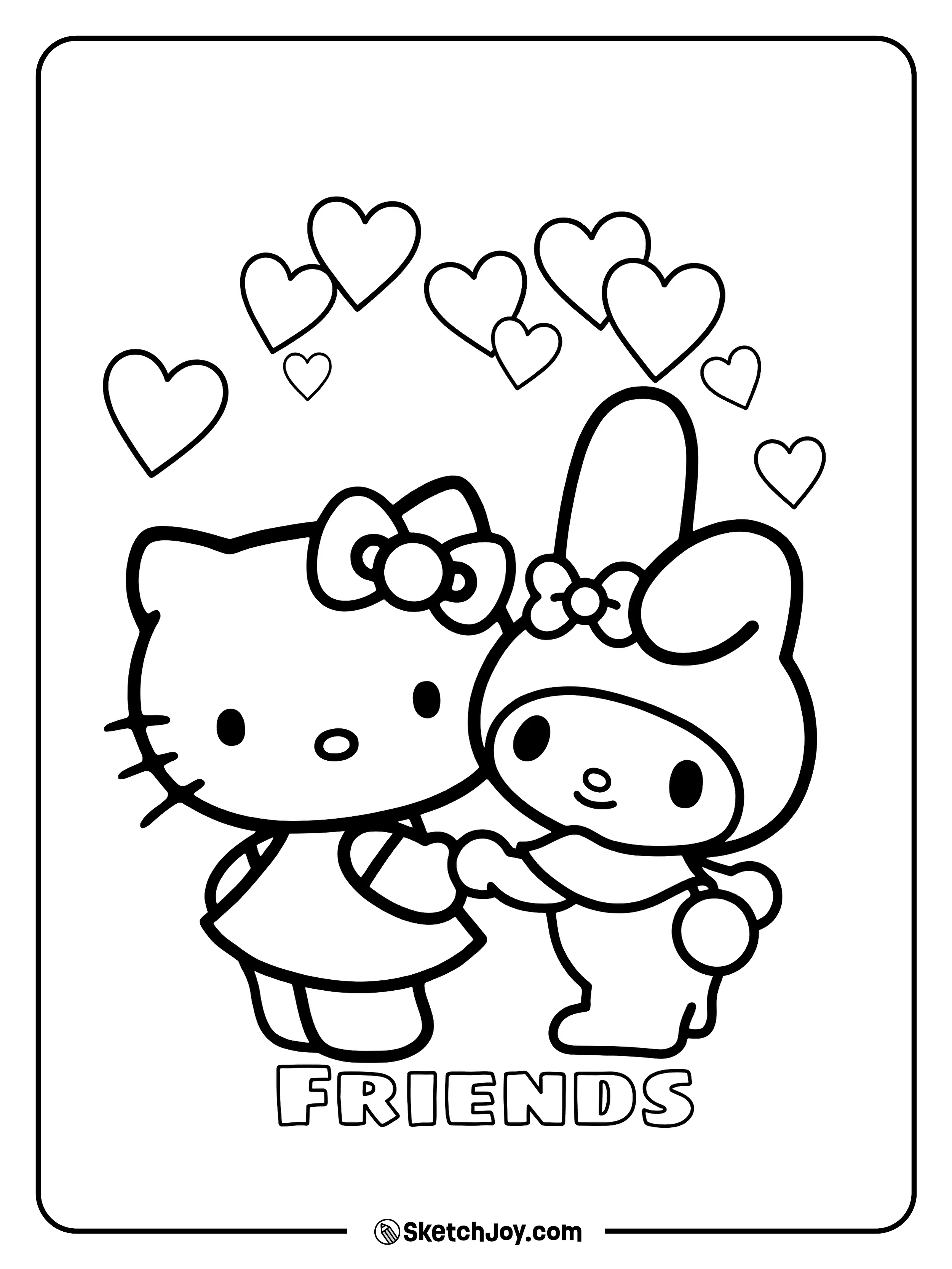 Hello Kitty and My Melody share a sweet hug with hearts floating above them.