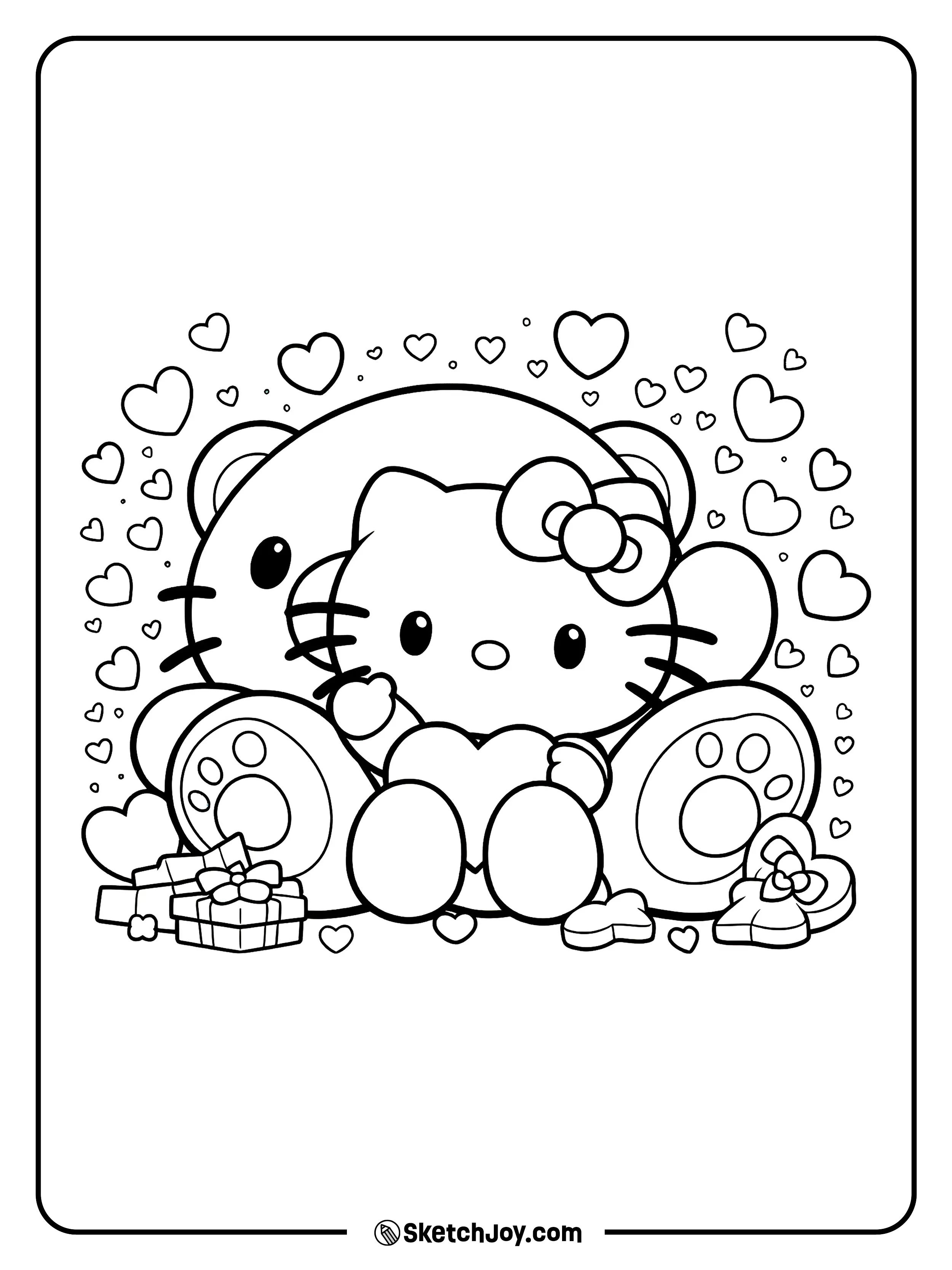 Hello Kitty sits with a huge teddy bear.