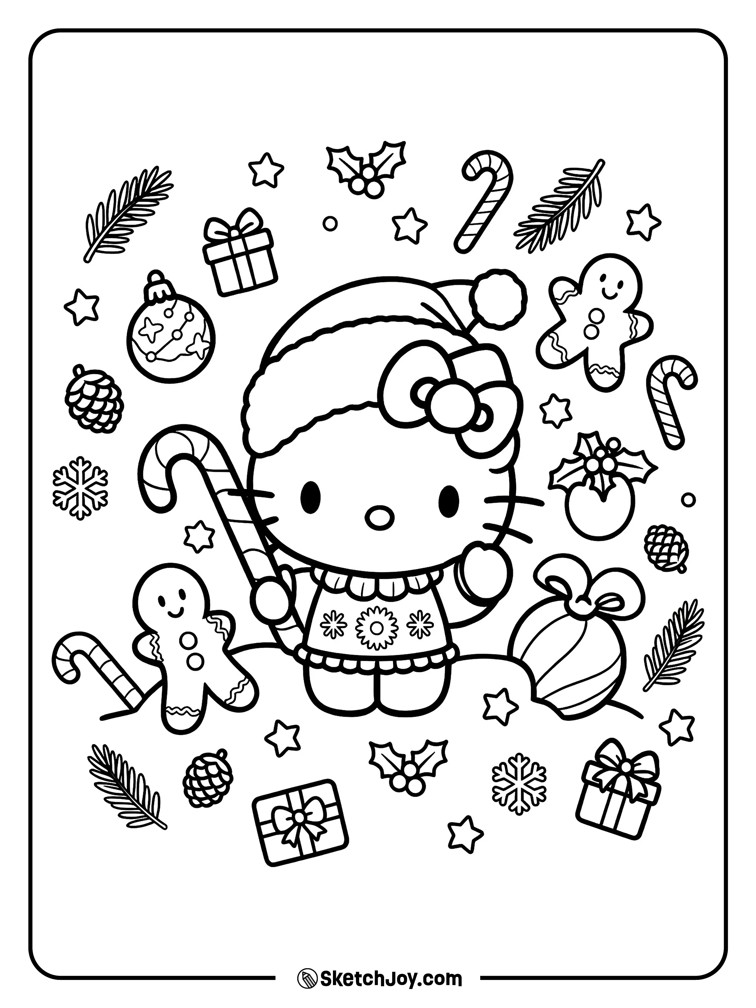 Hello Kitty holds a candy cane while festive treats and ornaments float around her.