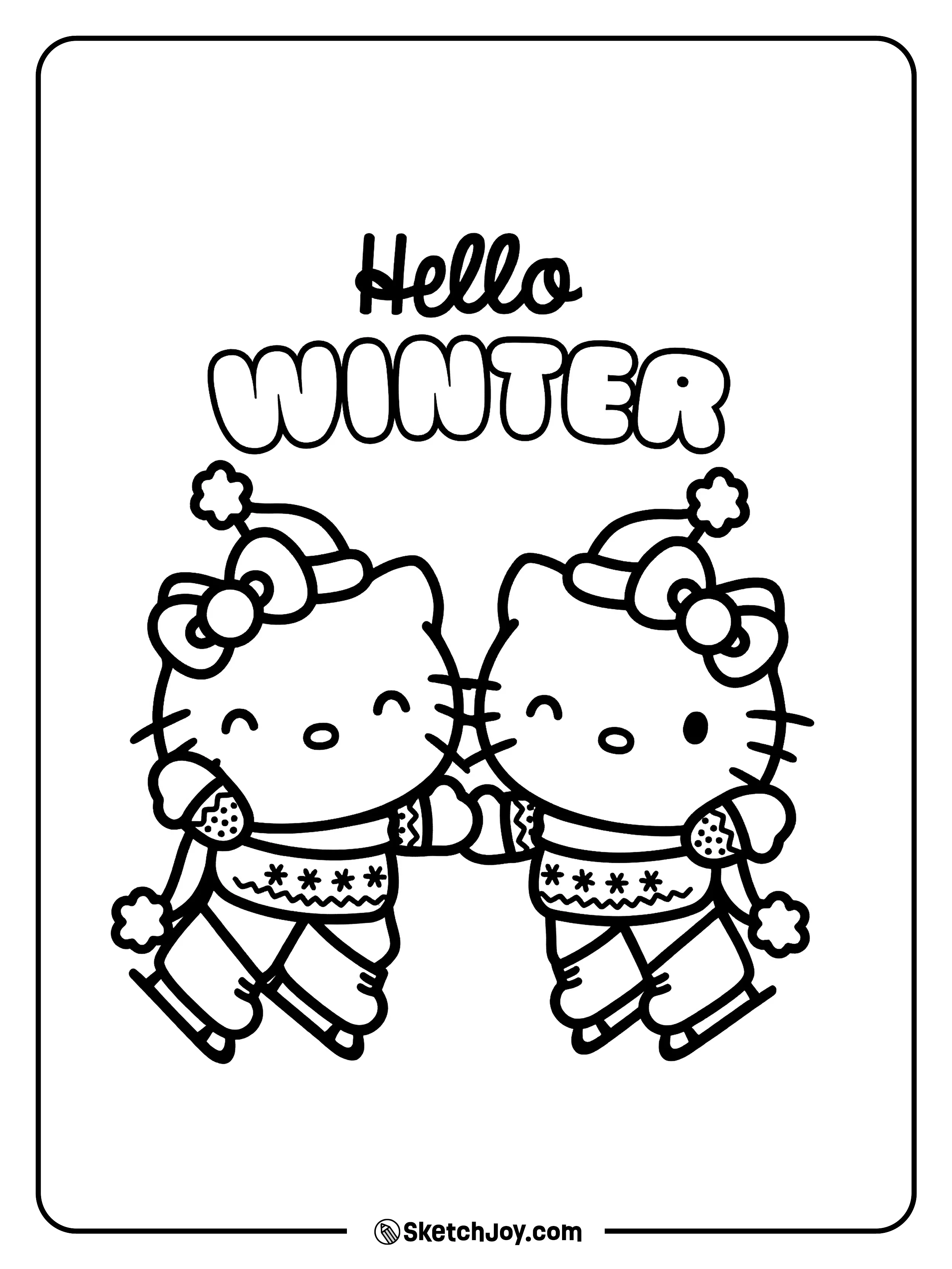 Two Hello Kitty friends skate together under the words “Hello Winter.”