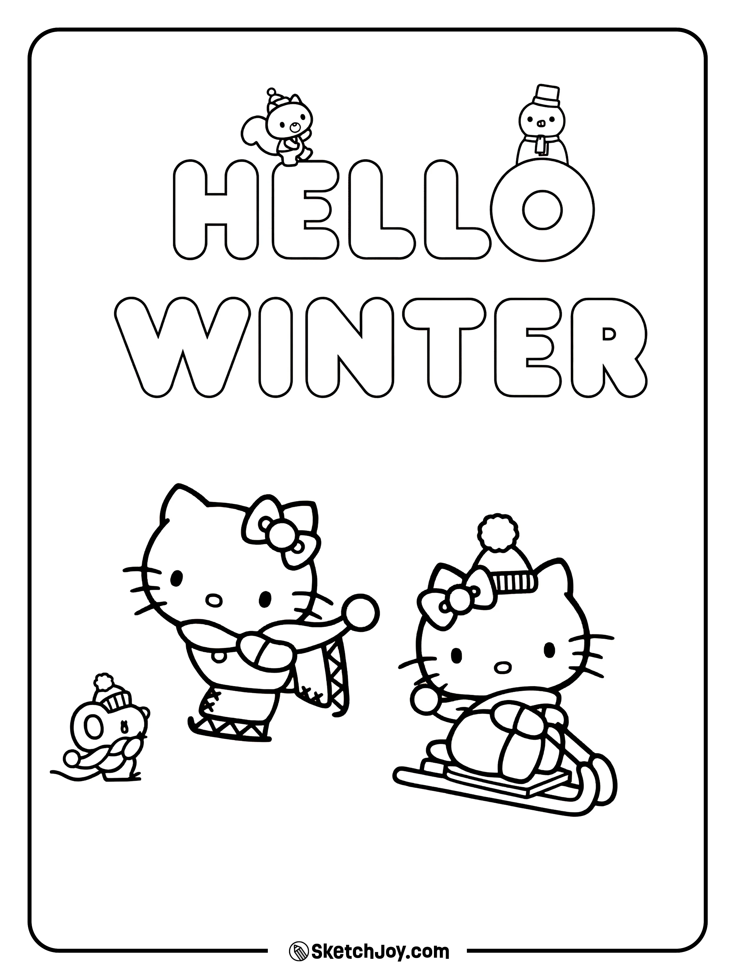 Hello Kitty pulls a sled while another Hello Kitty rides, with a tiny squirrel friend and a snowman on the letters.