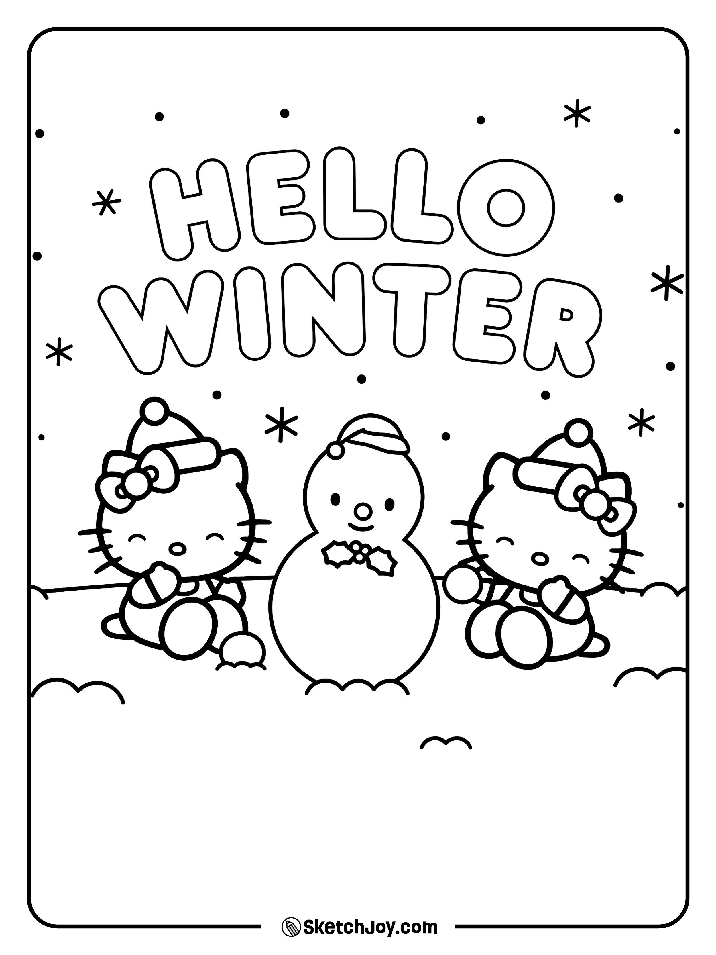 Two Hello Kitty friends sit by a snowman under the words “Hello Winter.”