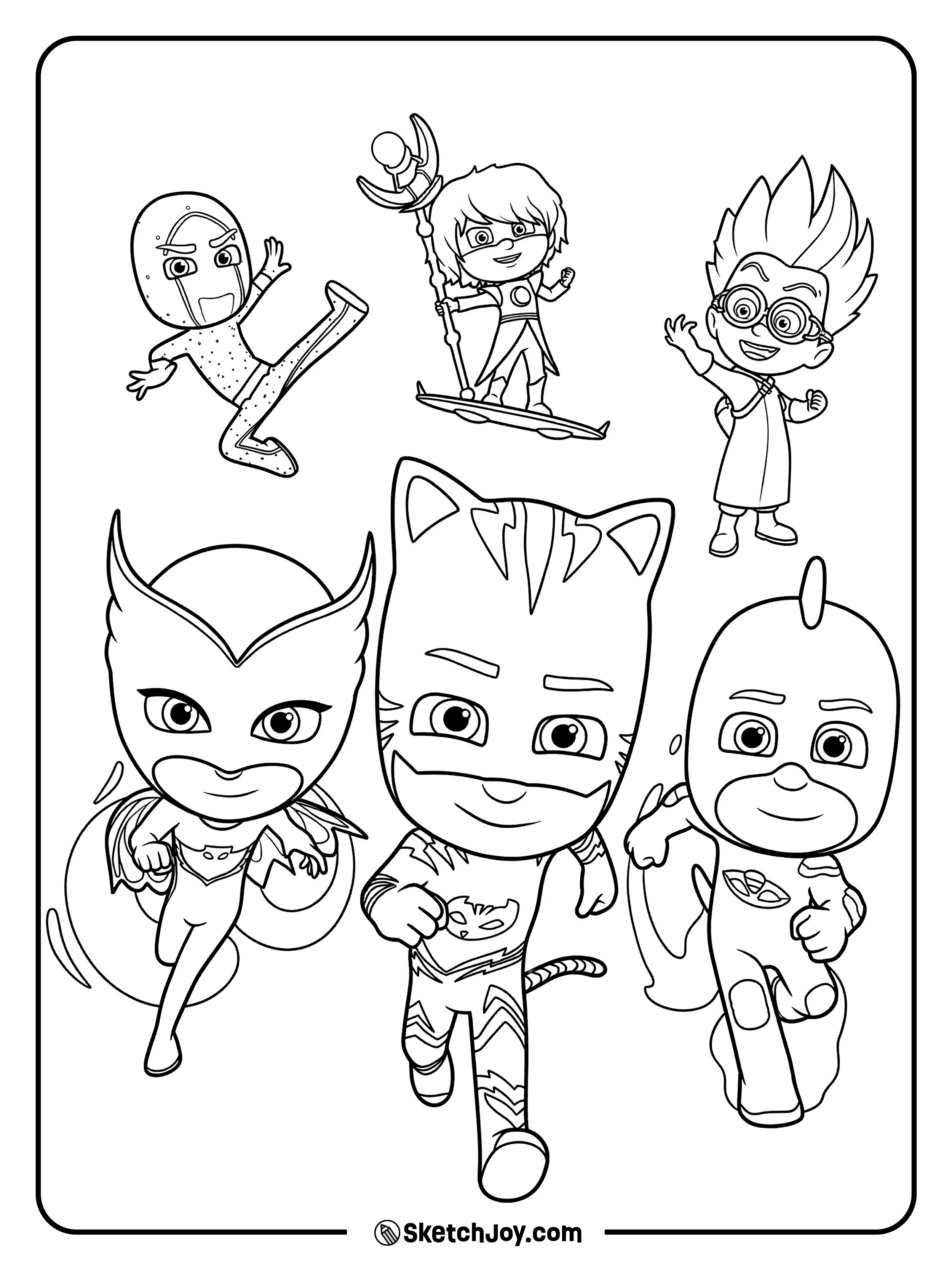 Catboy, Owlette, and Gekko run ahead while Romeo, Luna Girl, and Night Ninja pose above.