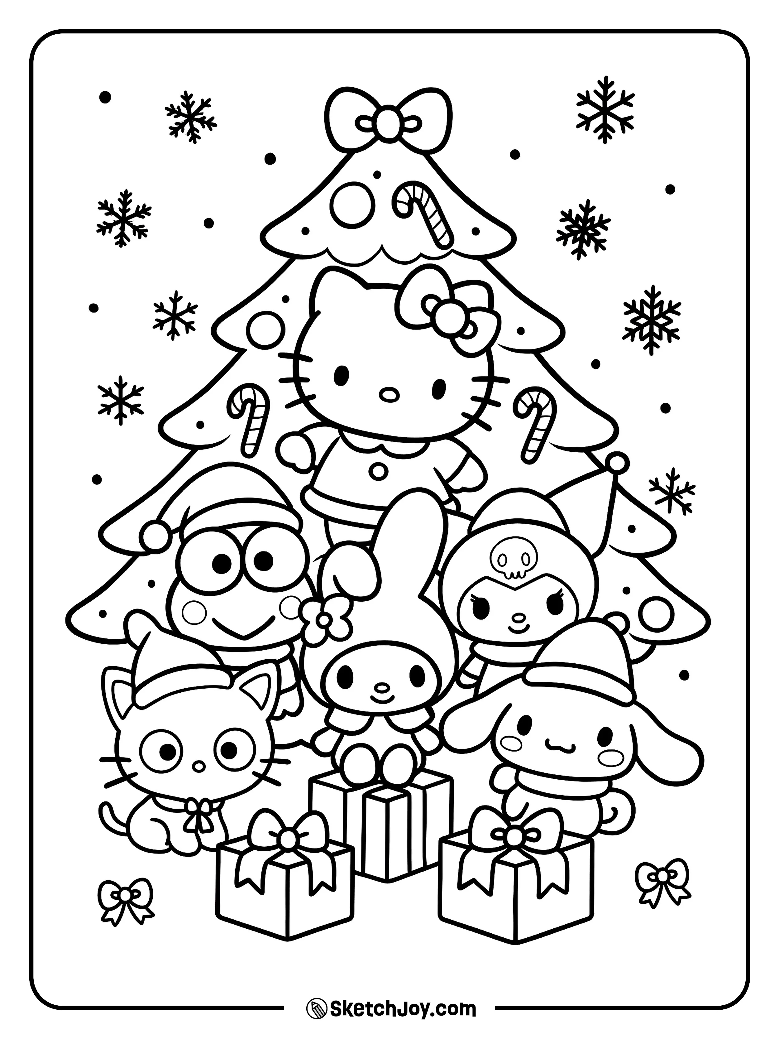 Hello Kitty celebrates with Keroppi, My Melody, Kuromi, Cinnamoroll, and Chococat by the Christmas tree.