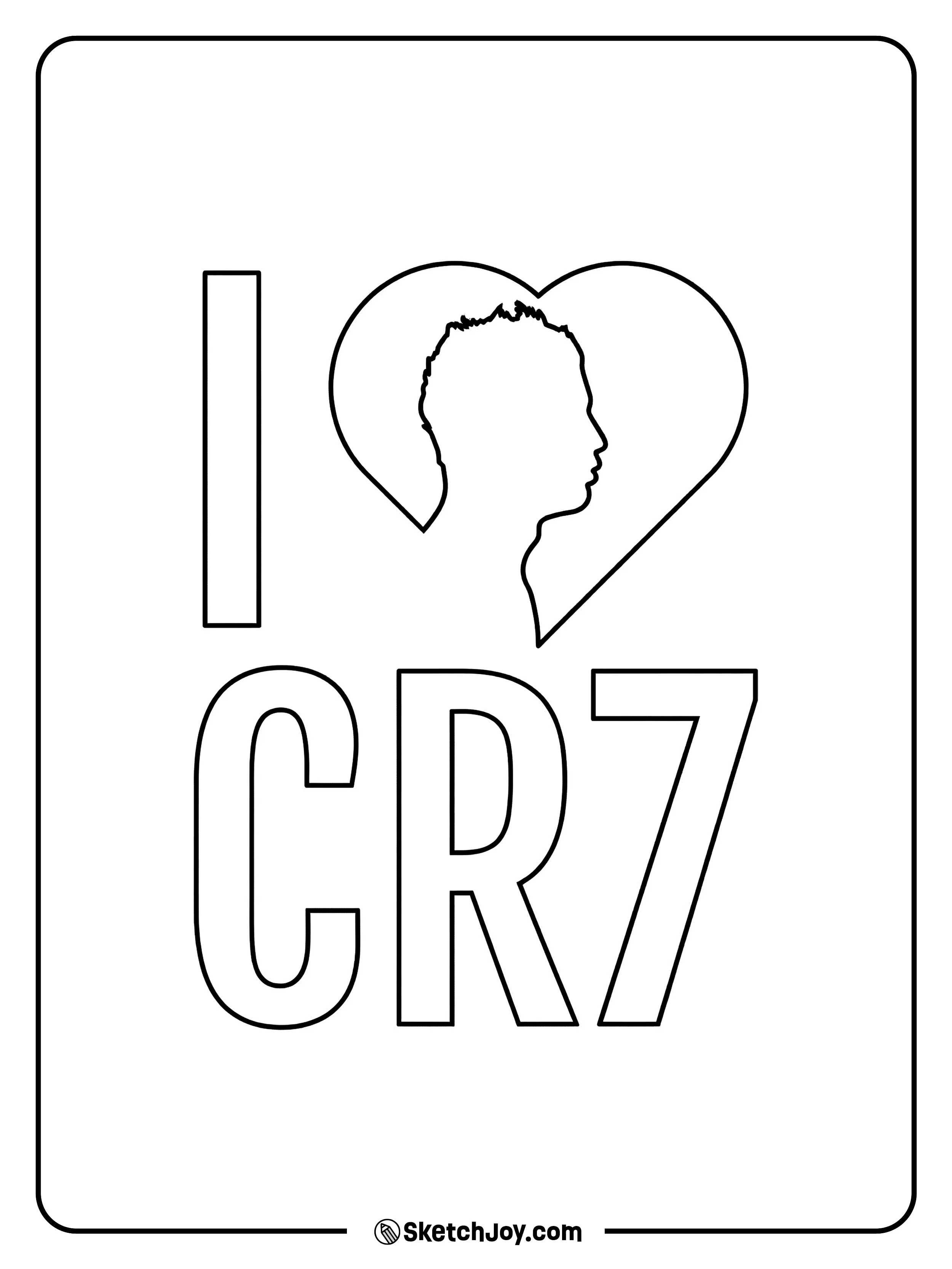 Big I ♥ CR7 letters with a head silhouette for quick coloring.