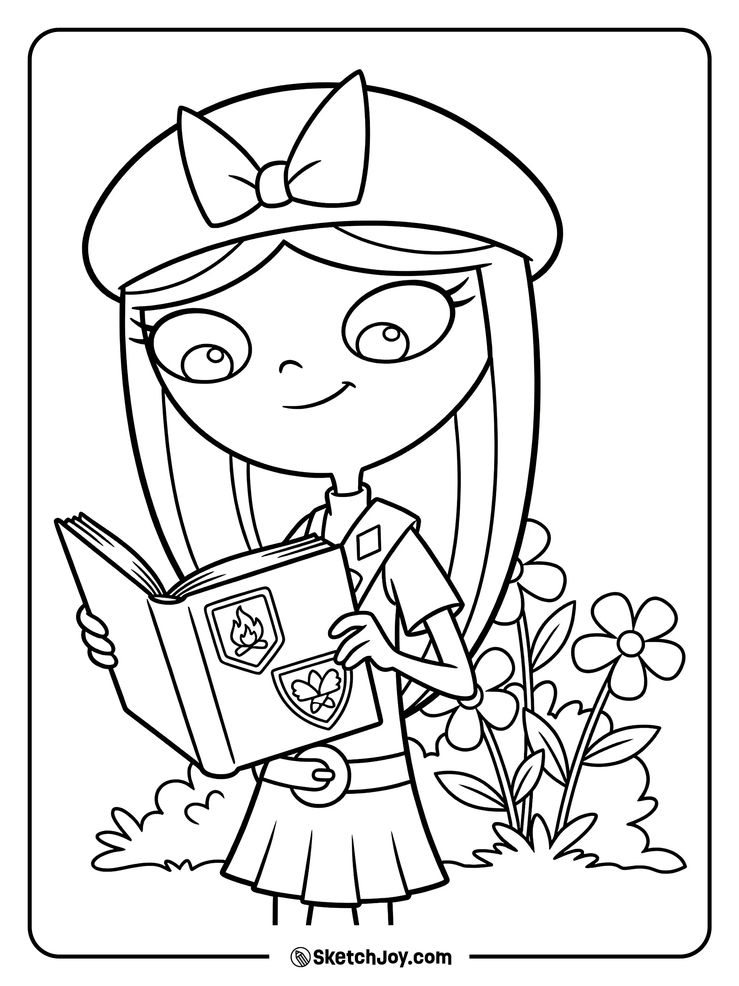 Isabella smiles while holding her patch book with a tiny badge on it.