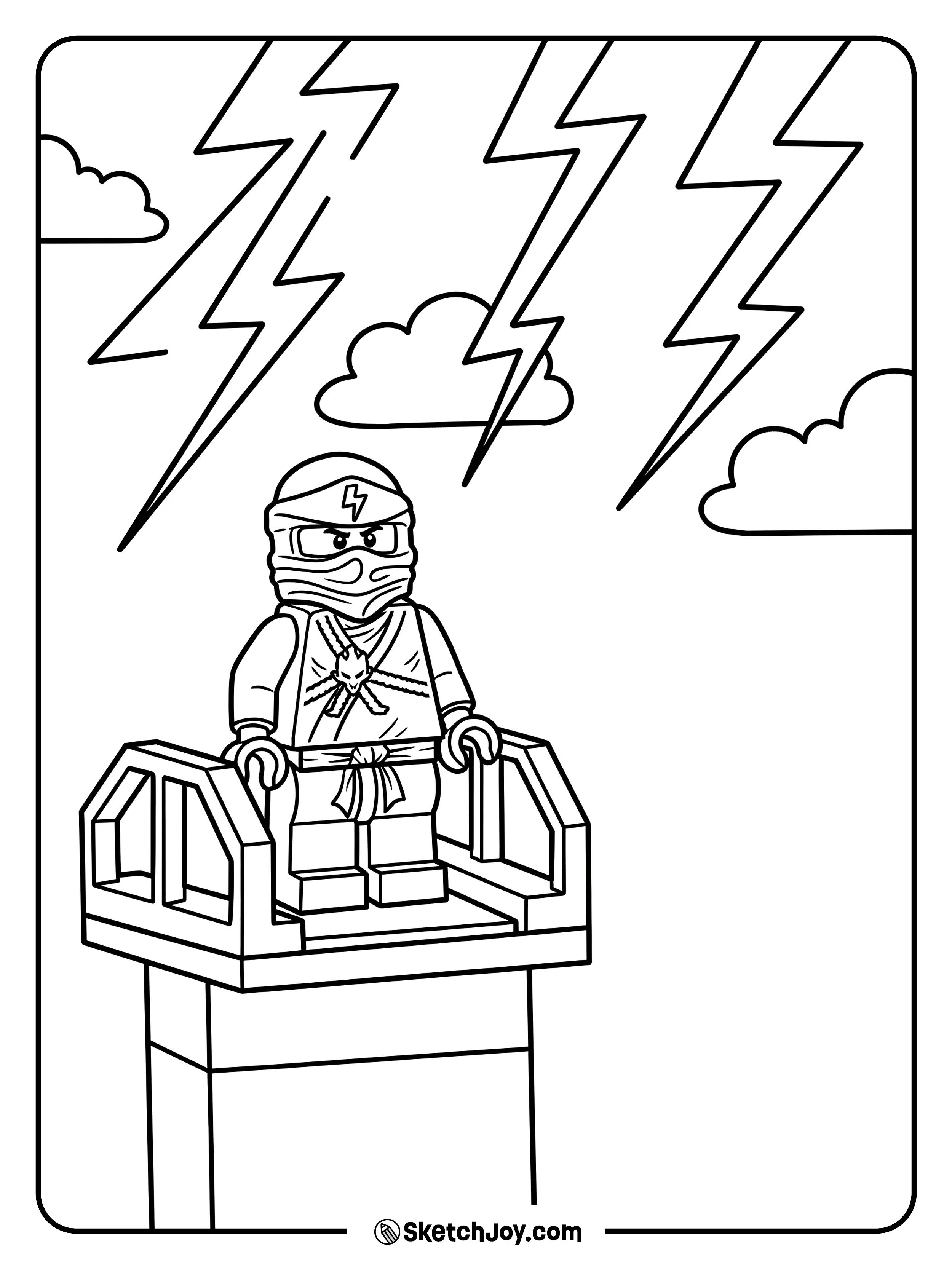 Jay stands on a tower as lightning lines crackle in the sky.