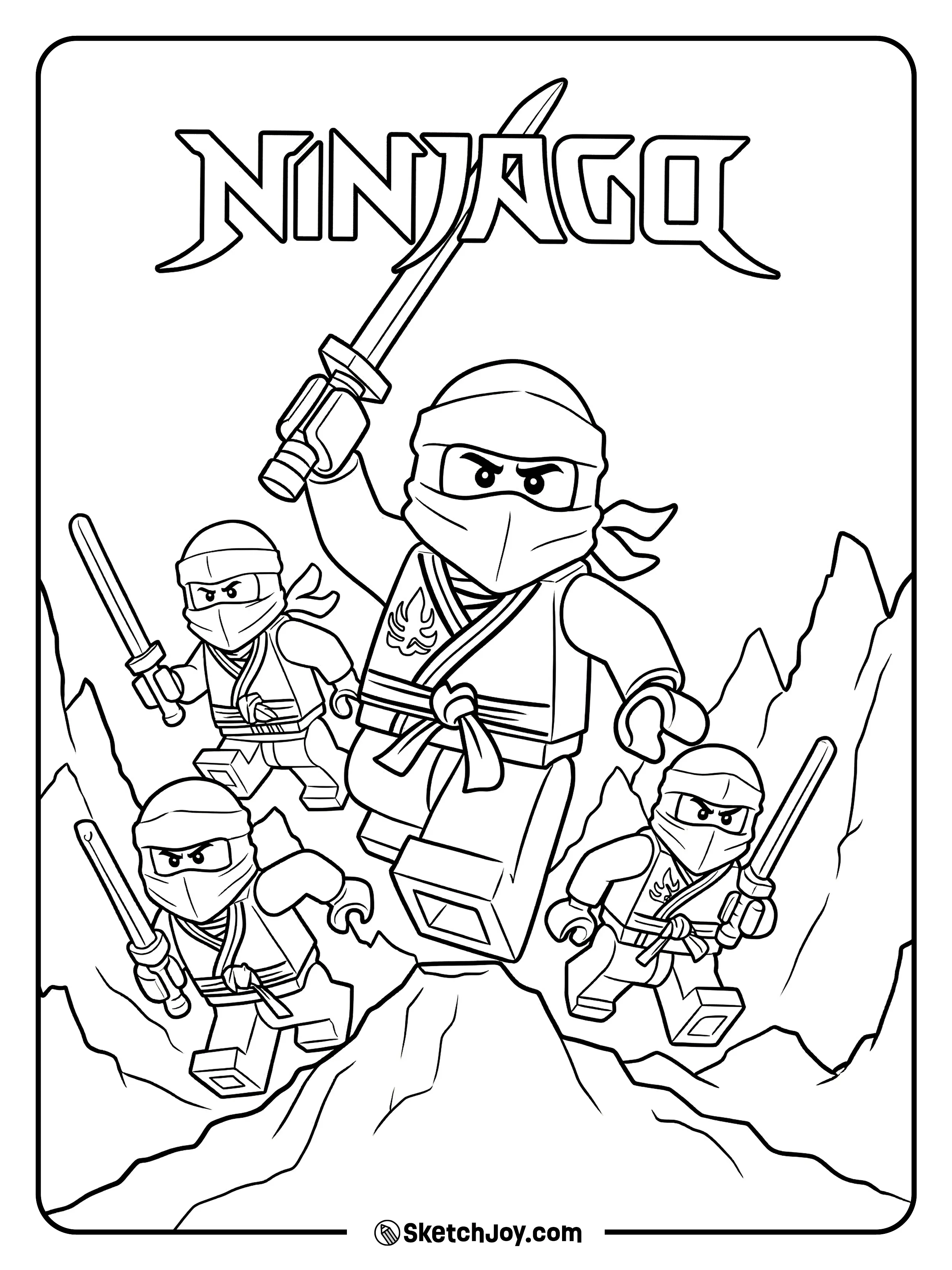 Kai and three ninja teammates run through rocky mountains with swords raised.