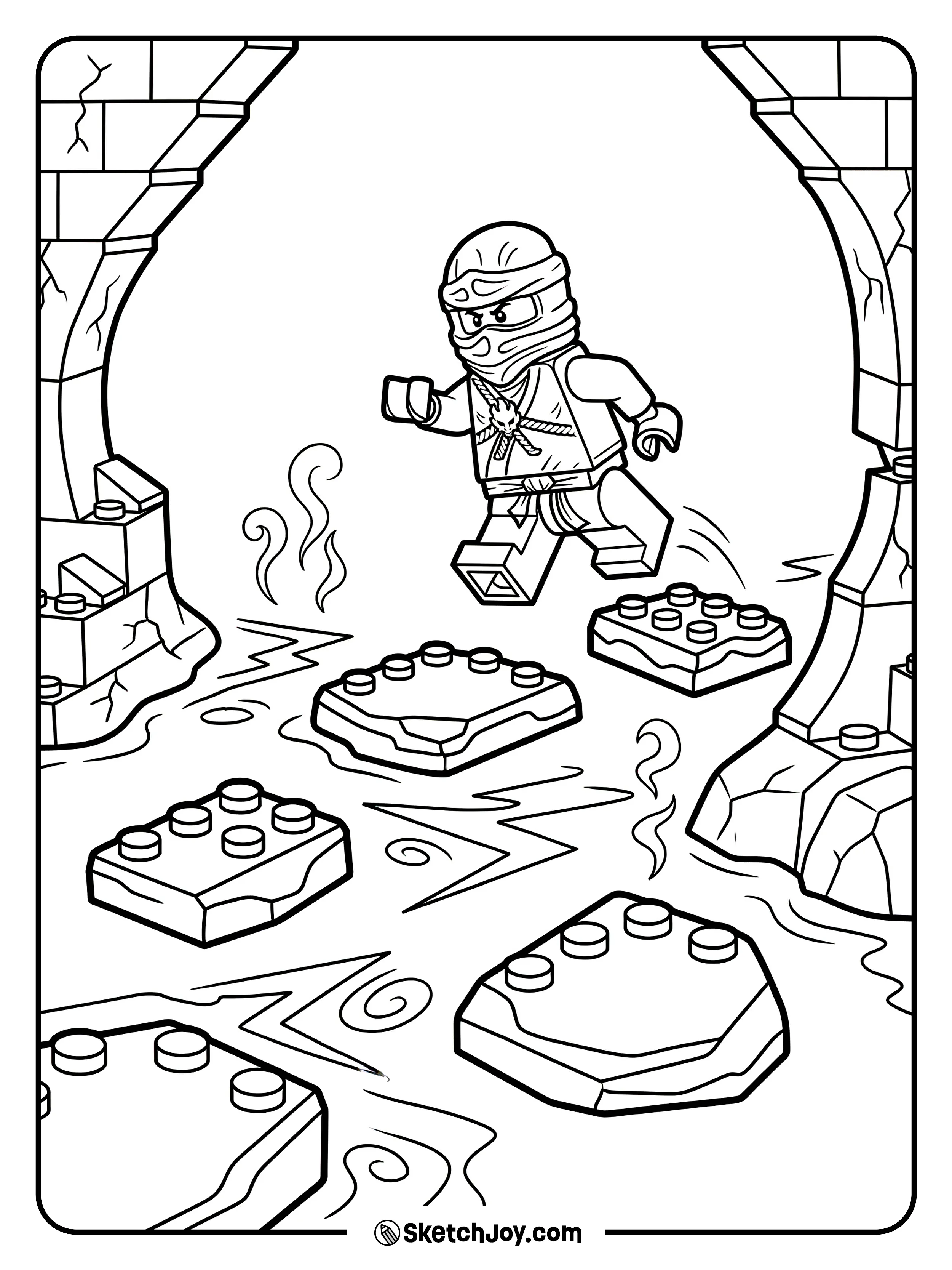 Kai jumps over lava stones inside a simple volcano cave.