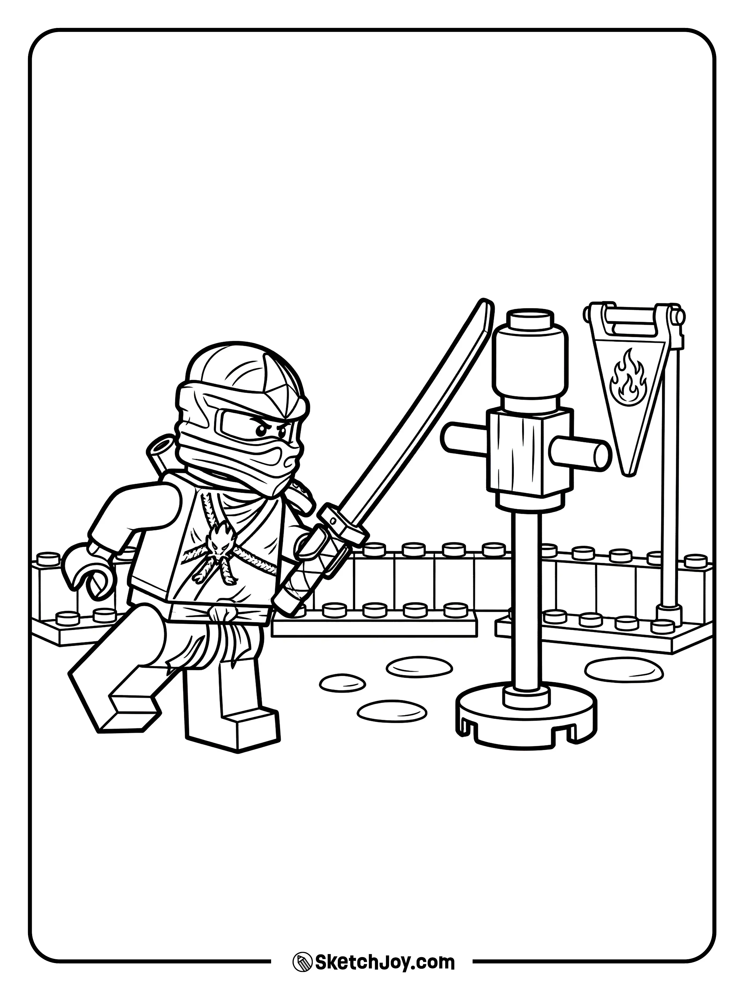 Kai practices a sword move beside a simple wooden dummy.