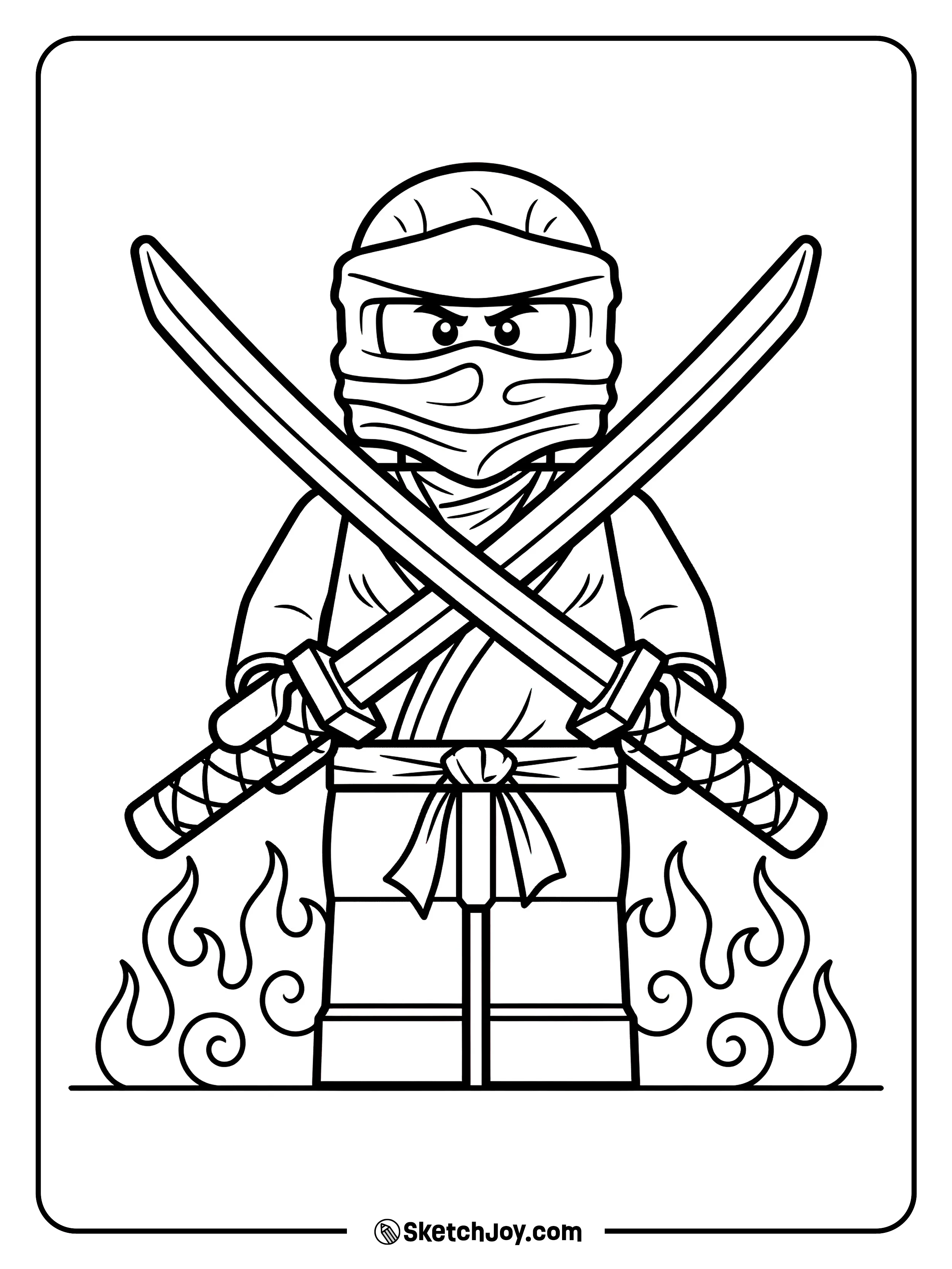 Kai poses with two katanas crossed in front of him.