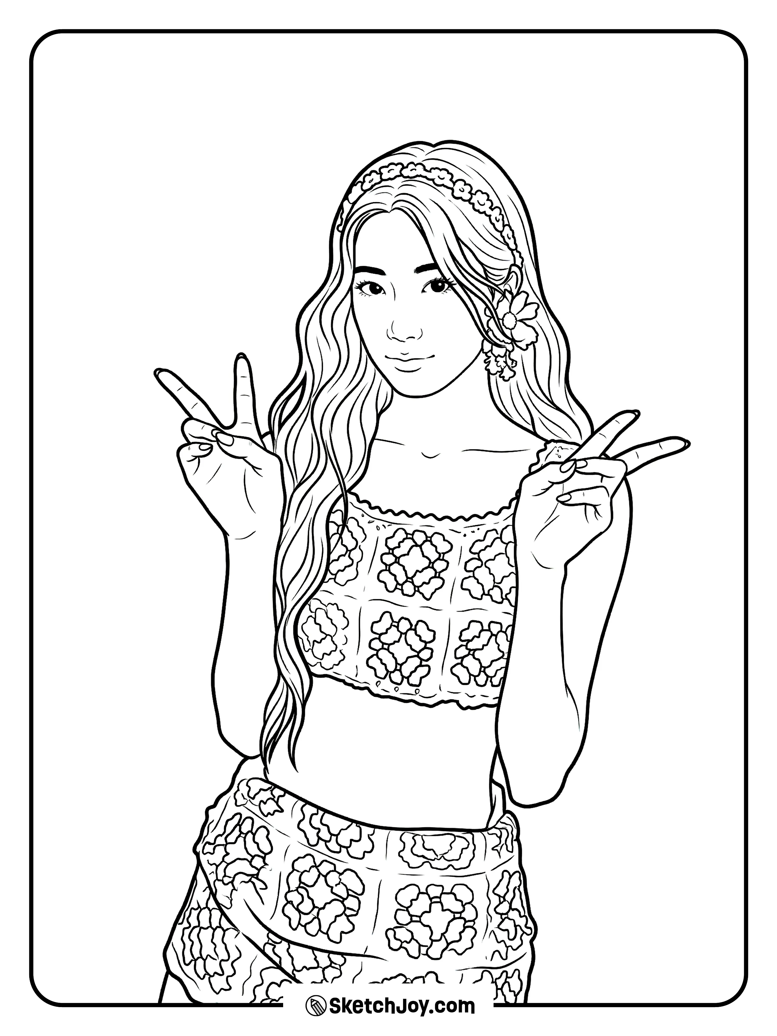 Kazuha smiles in a floral set with a flower headband while throwing two peace signs.